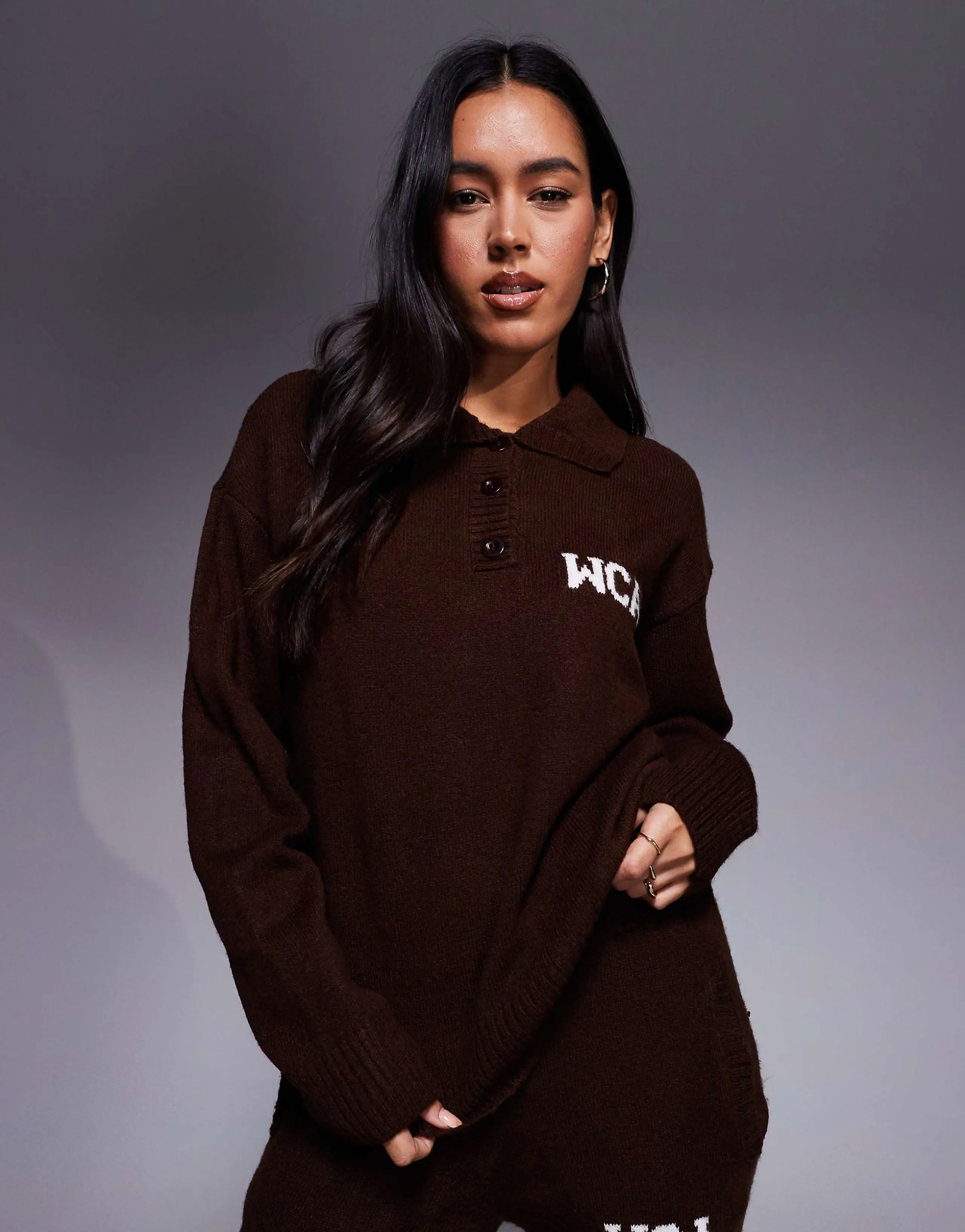 Weekend Collective knit rugby sweatshirt with varsity graphic in chocolate - part of a set