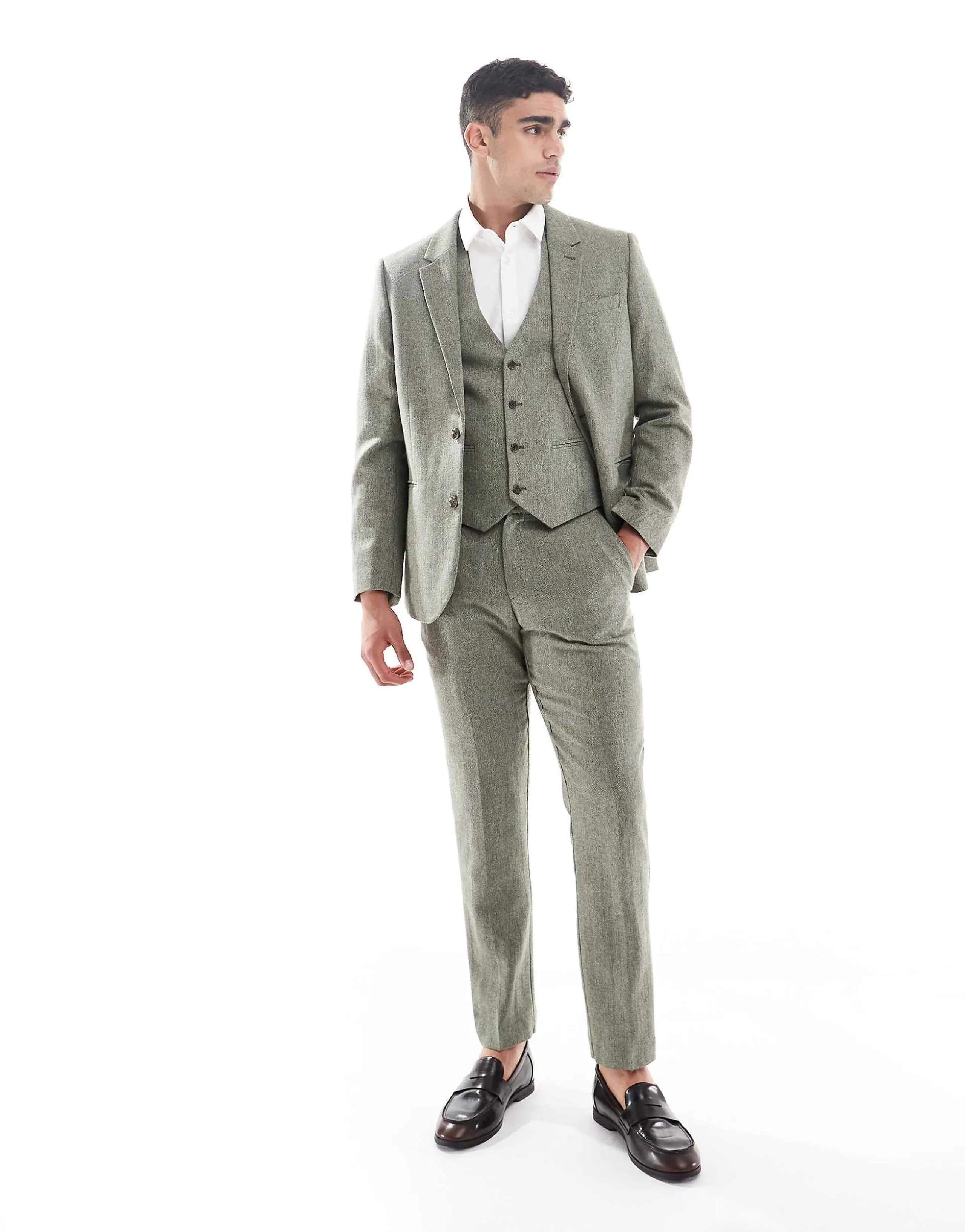 ASOS DESIGN wool rich slim suit pants in green herringbone