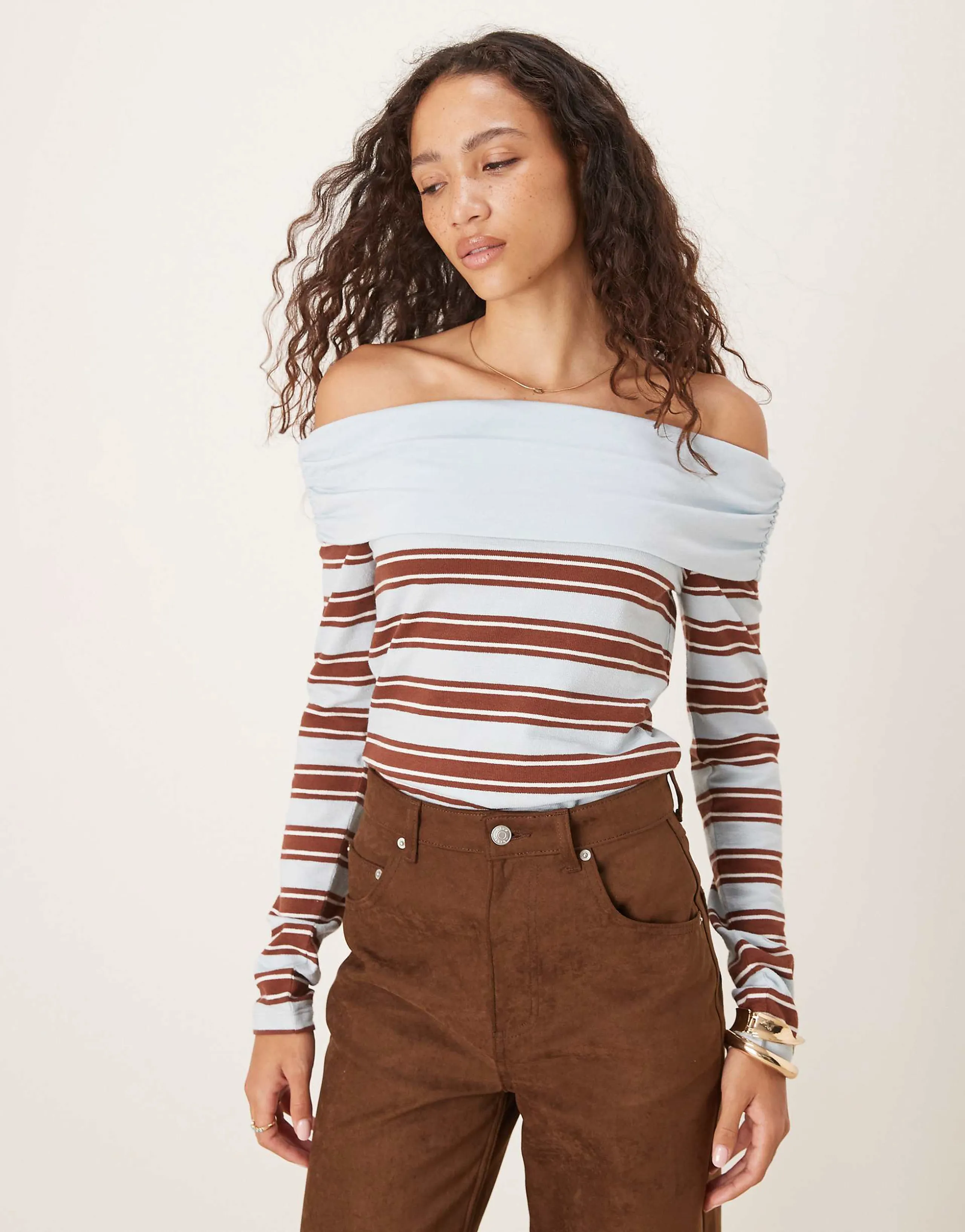 ASOS DESIGN textured fold over off shoulder top in blue & choc stripe