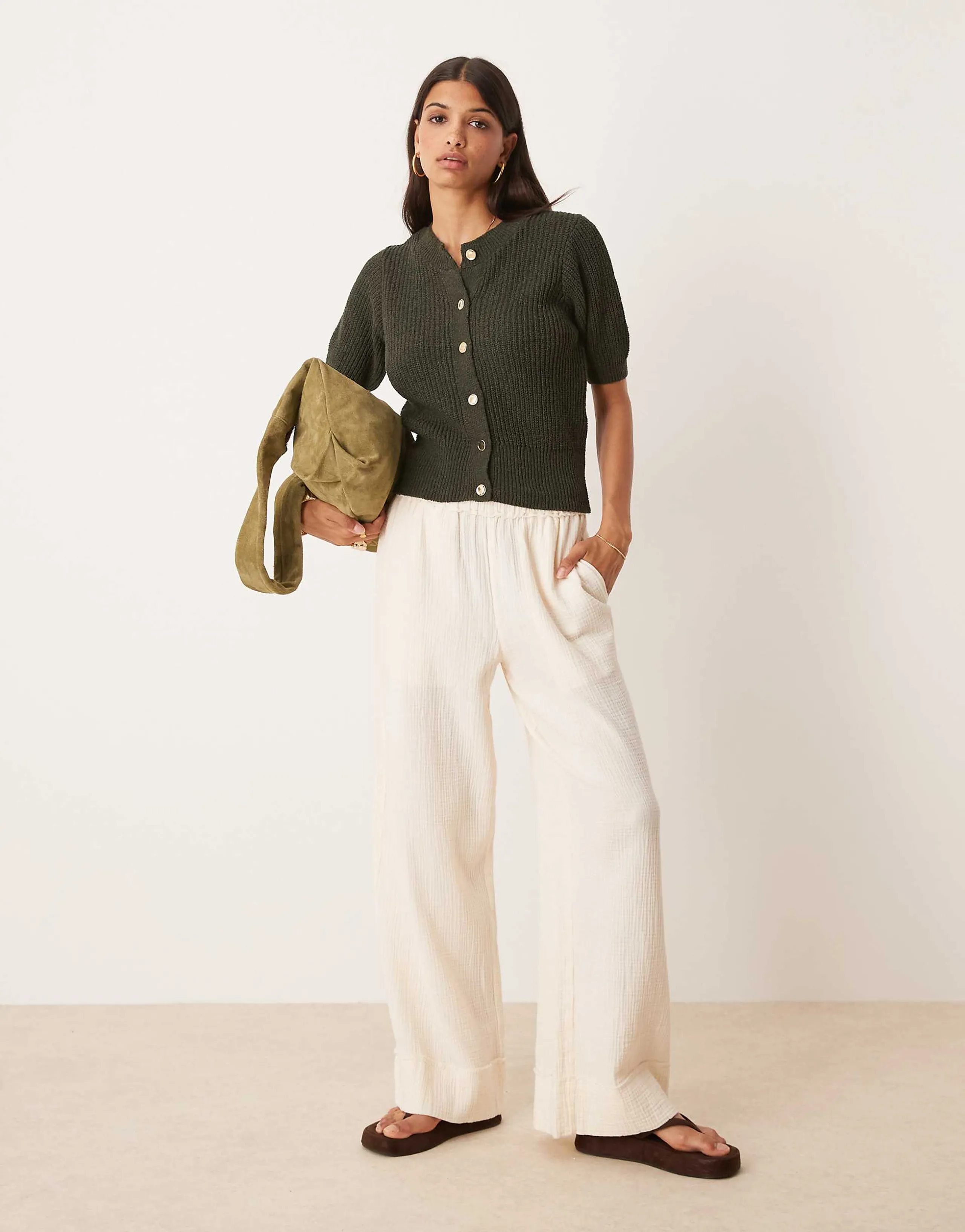 ASOS DESIGN textured short sleeve cardigan with gold buttons in khaki