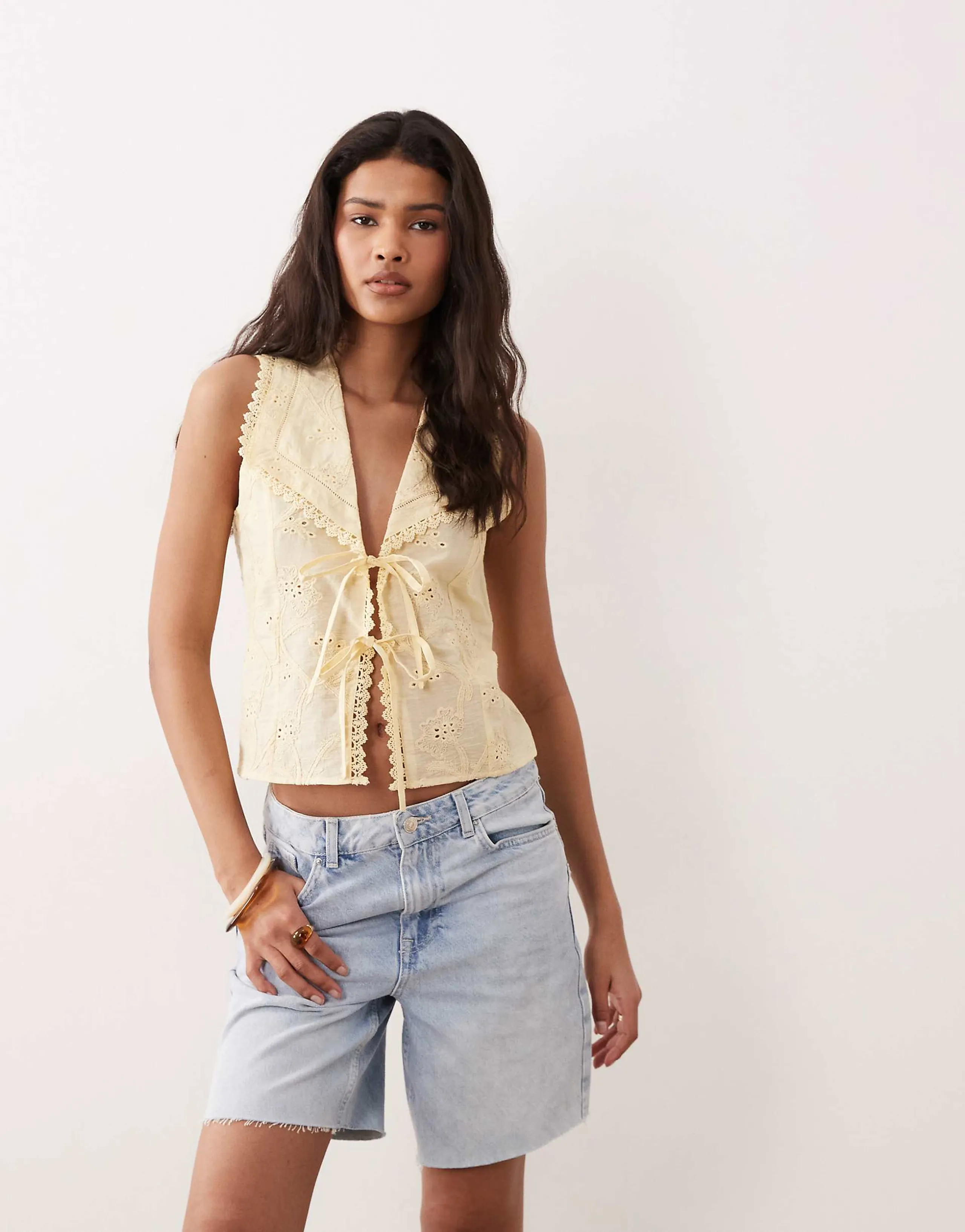 Miss Selfridge embroidered tie front vest in buttermilk