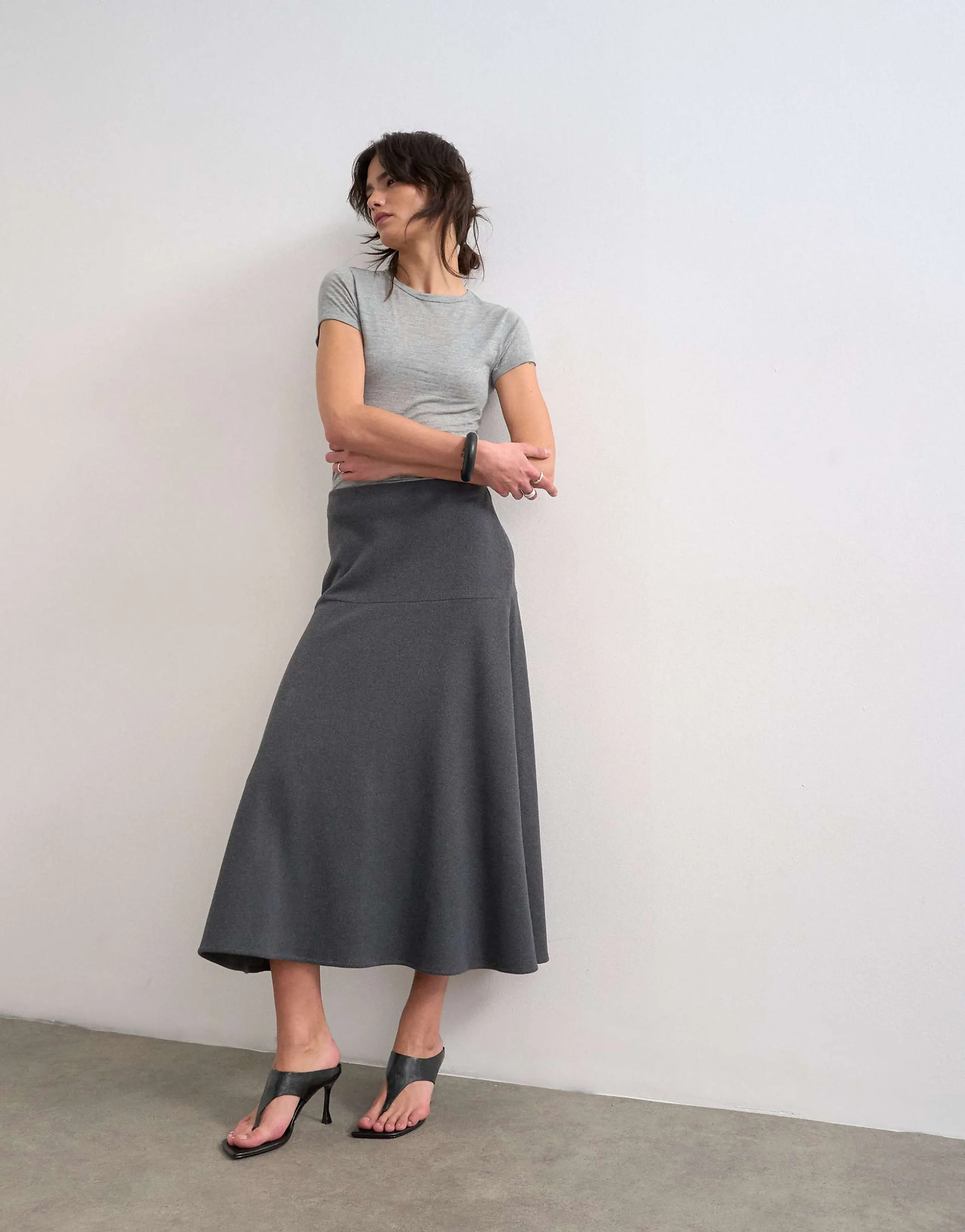Topshop soft touch dropped waist midi skirt in charcoal gray