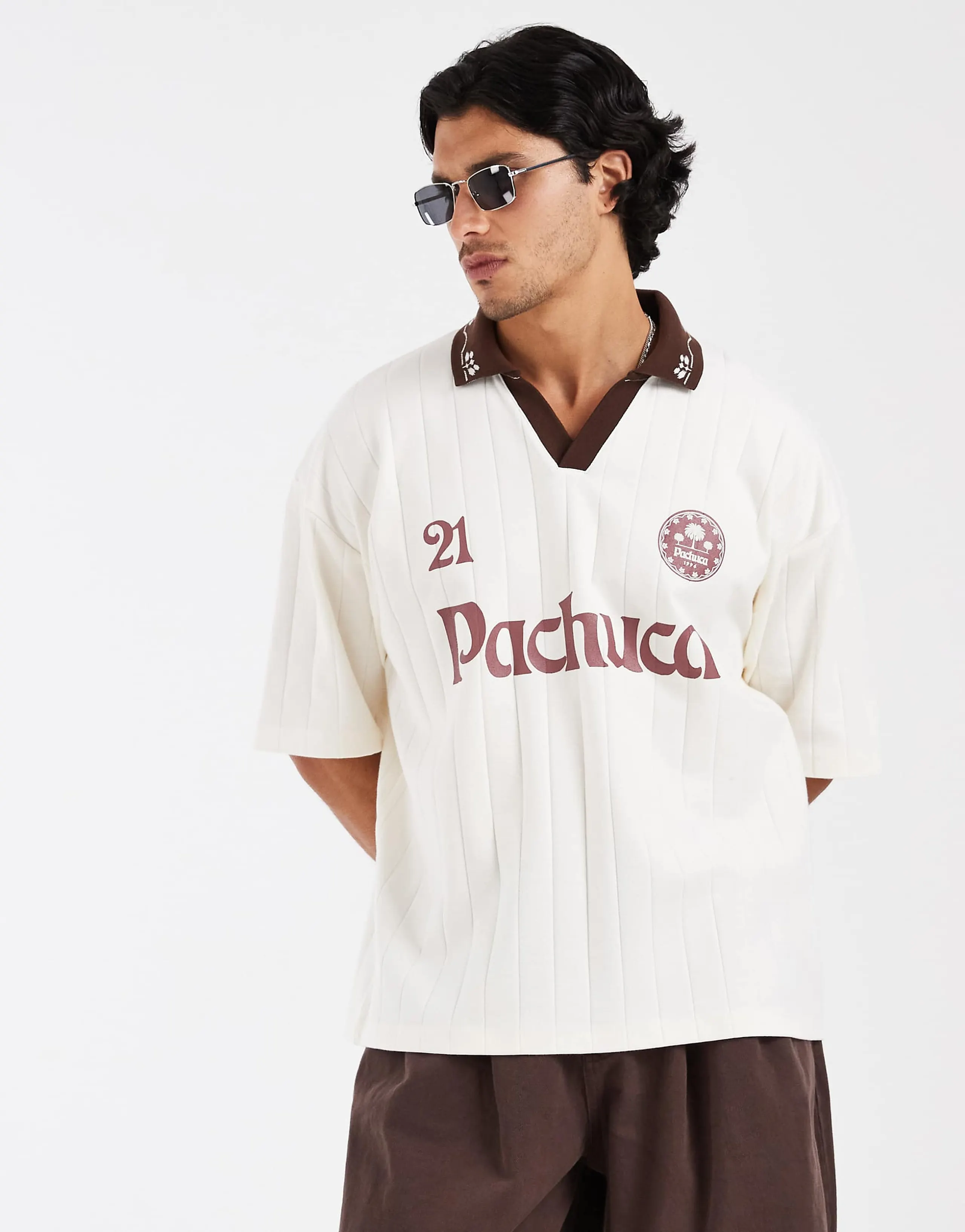ASOS DESIGN heavyweight oversized polo with soccer graphic in neutral wide rib
