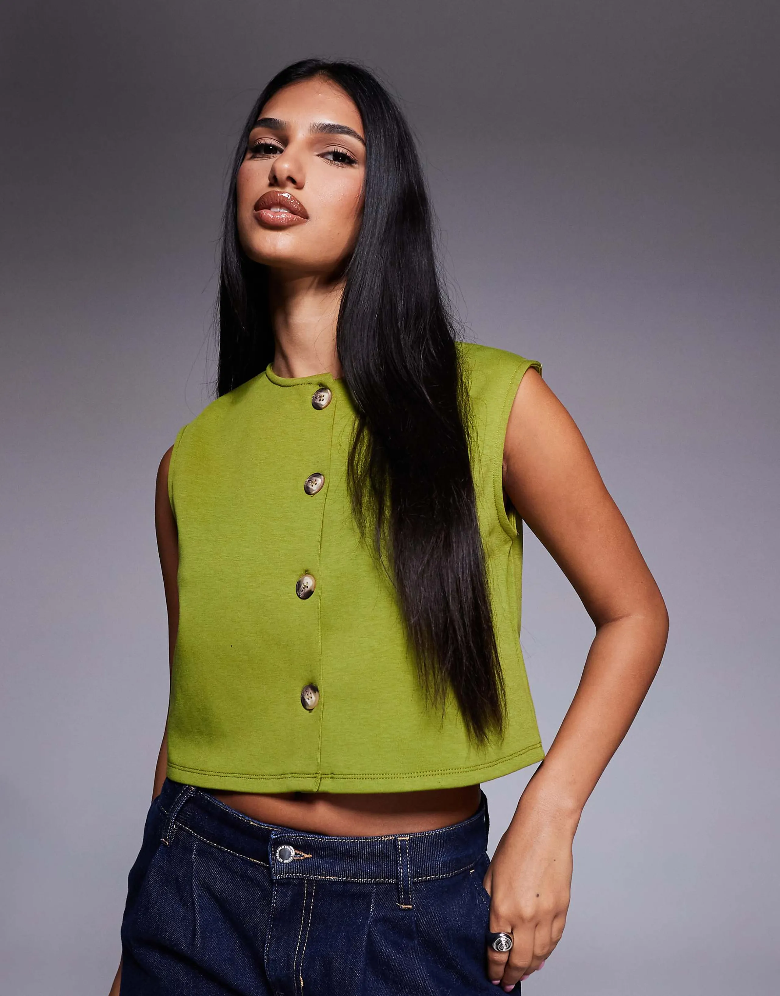 ASOS DESIGN wide shoulder boxy cropped vest in olive green