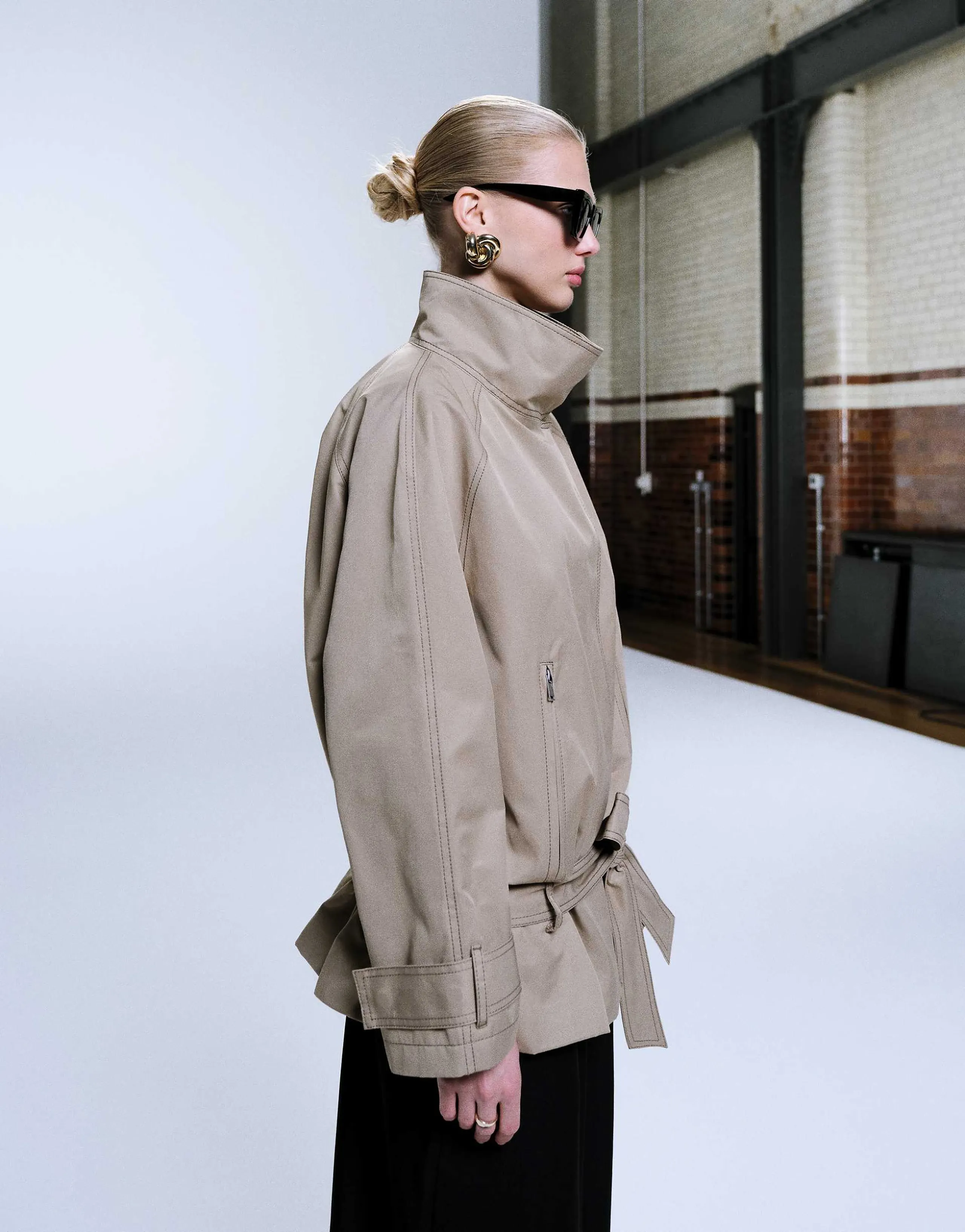ASOS DESIGN dropped belt mid length trench coat in stone