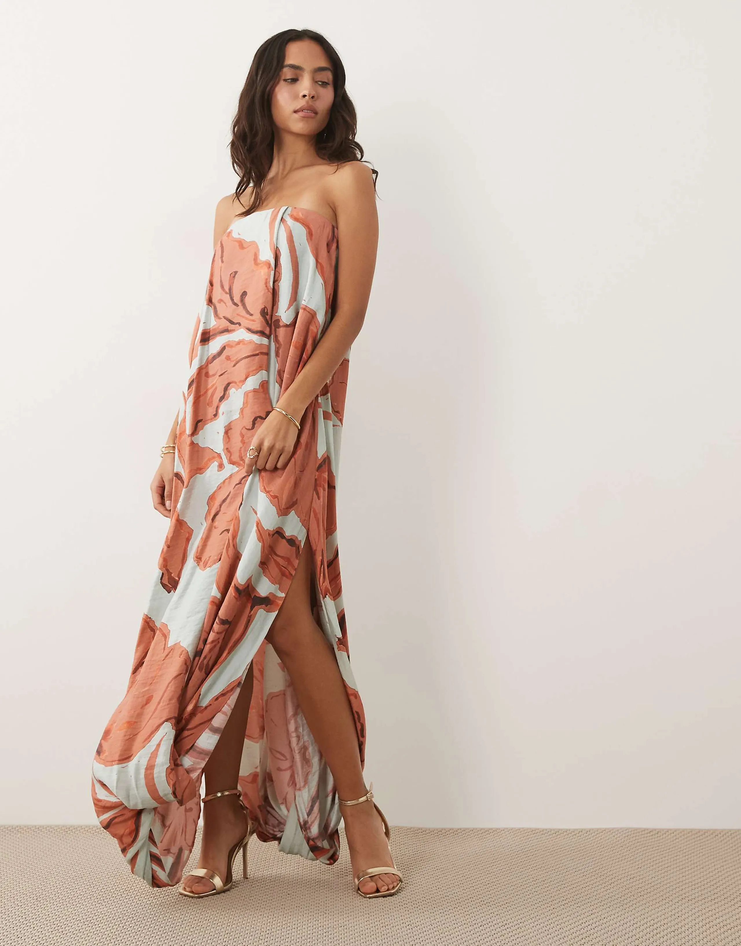 ASOS DESIGN satin bubble bandeau maxi dress in blue red abstract print
