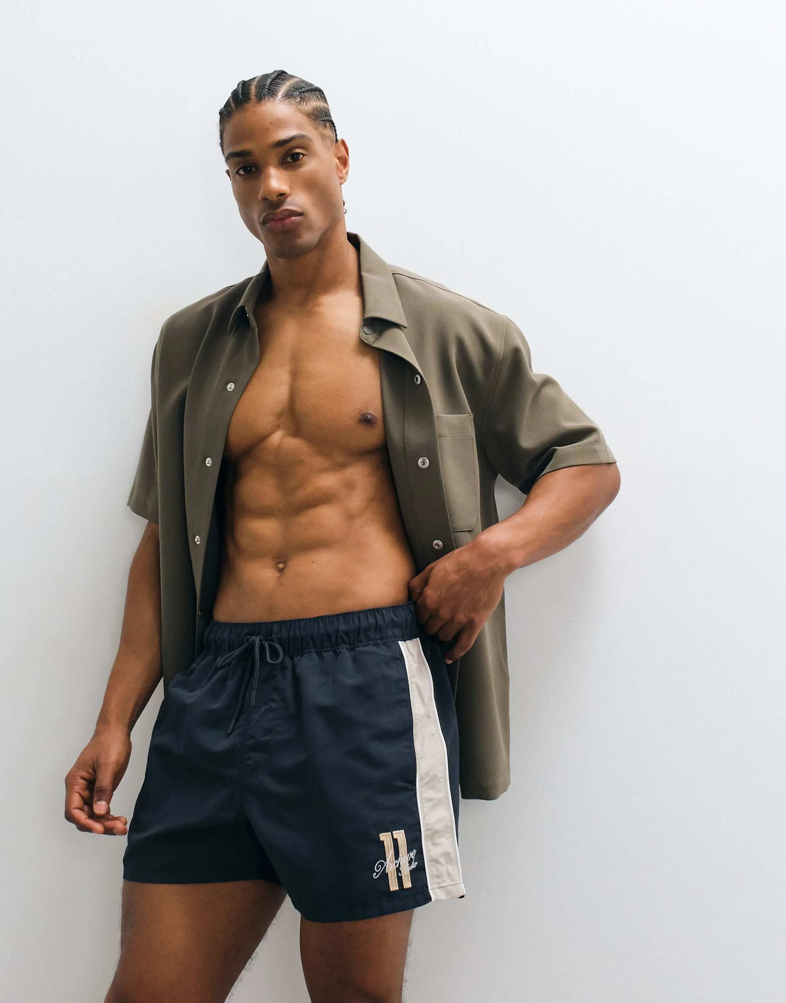 ASOS DESIGN short length swim shorts with embroidery in navy