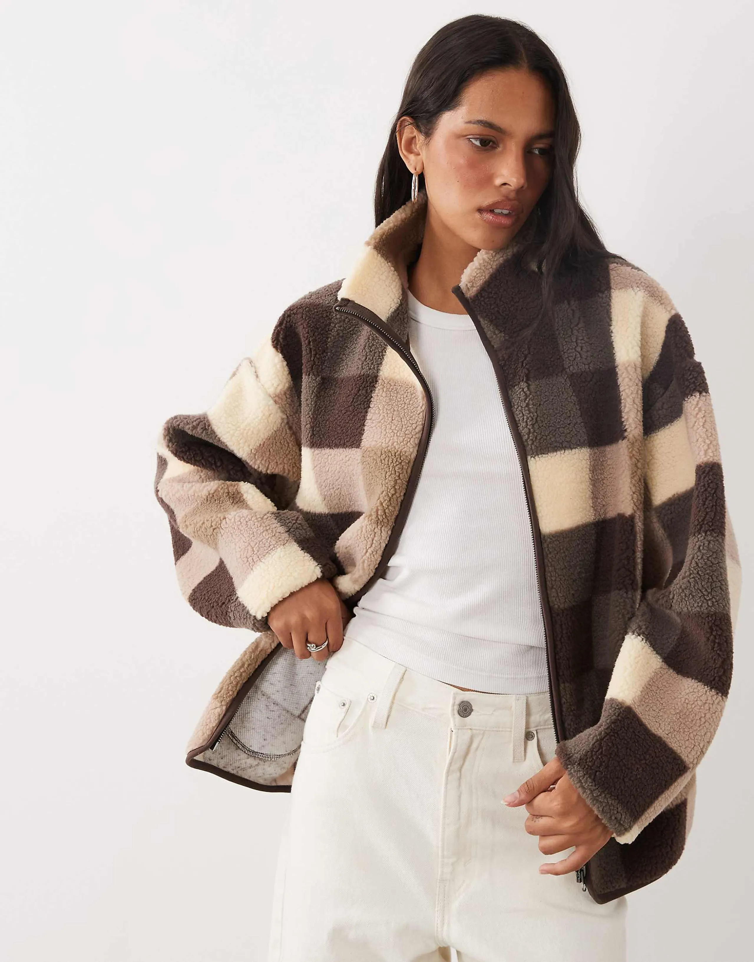Brave Soul zip up fleece in brown and cream plaid