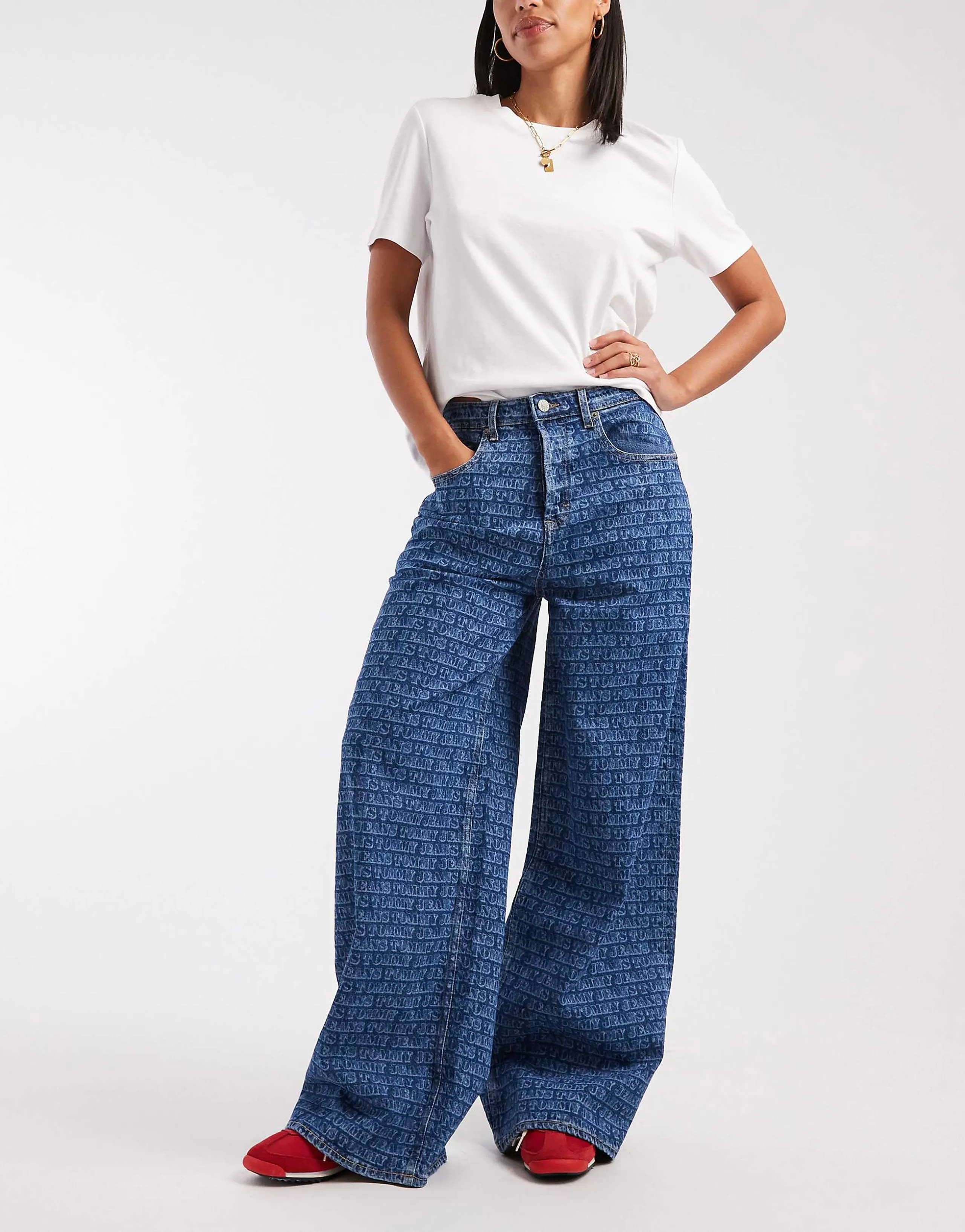Tommy Jeans Charlie loose jeans with all over logo print in mid wash