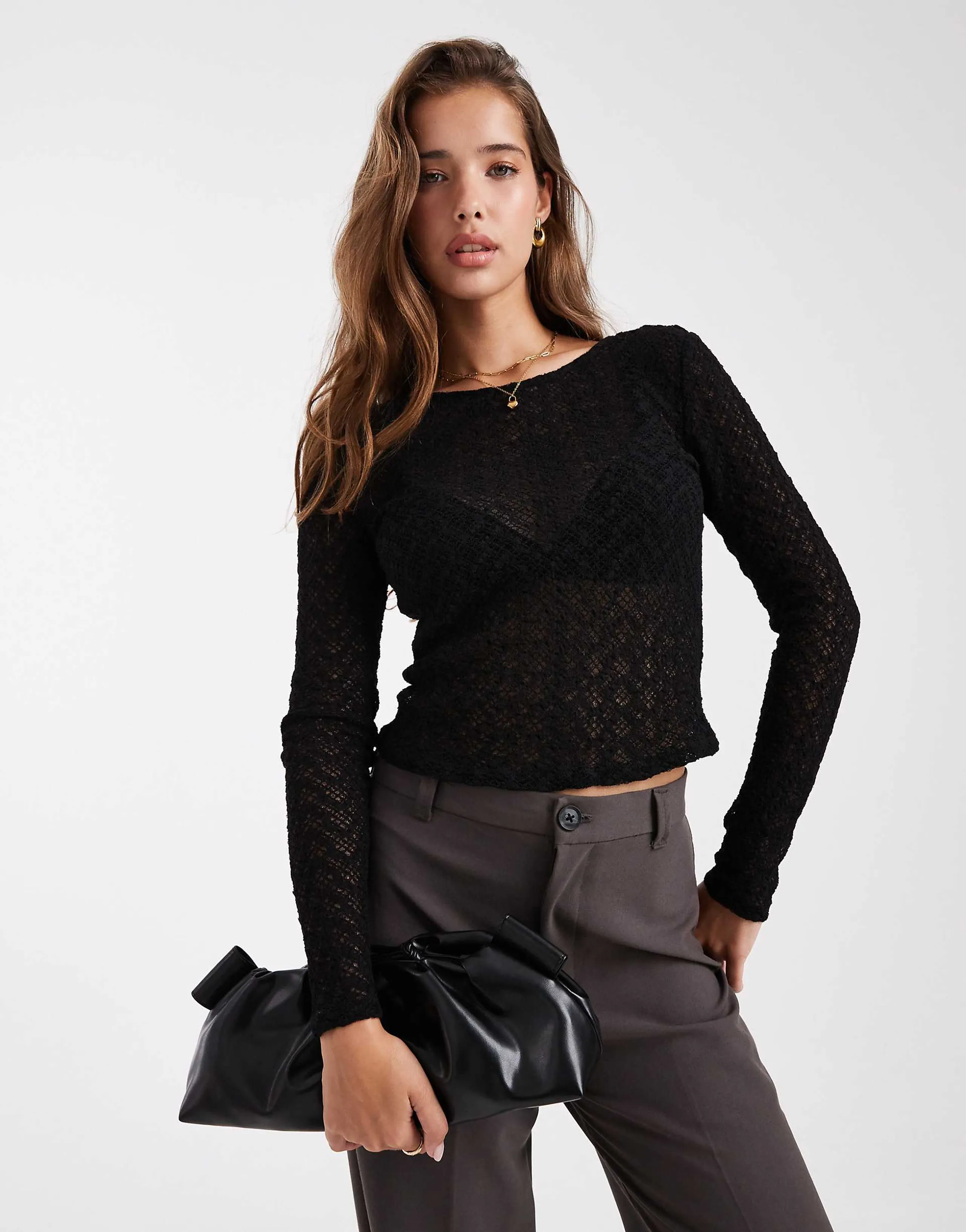 ONLY lace long sleeve scoop back top in black