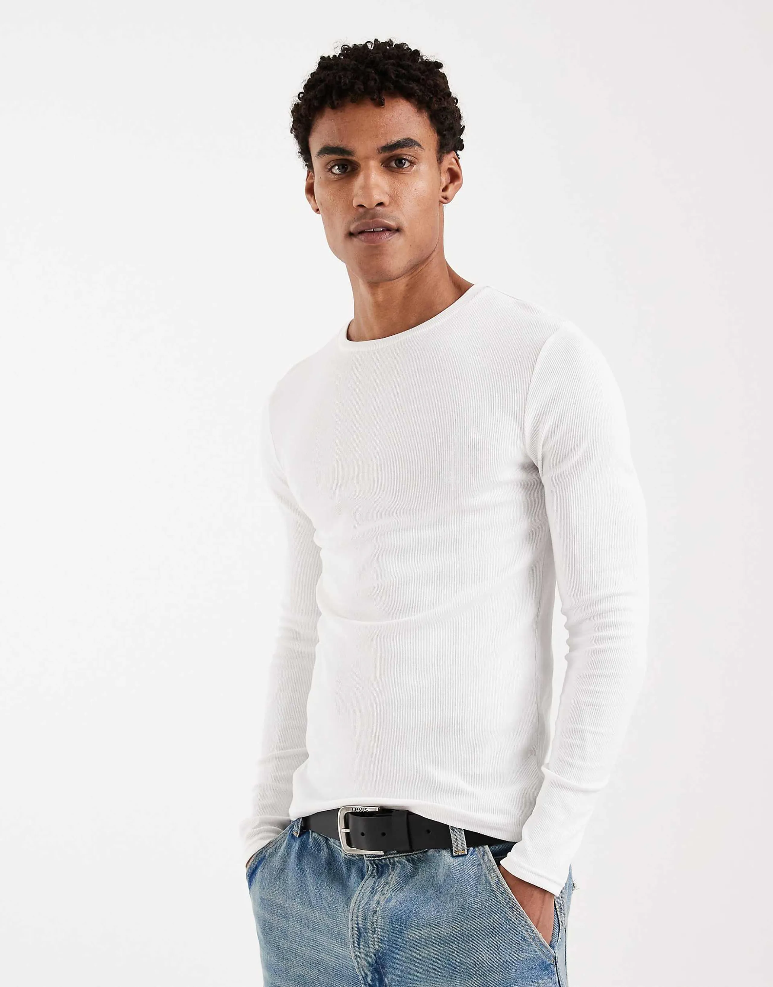 ASOS DESIGN essentials muscle fit long sleeve T-shirt in white rib