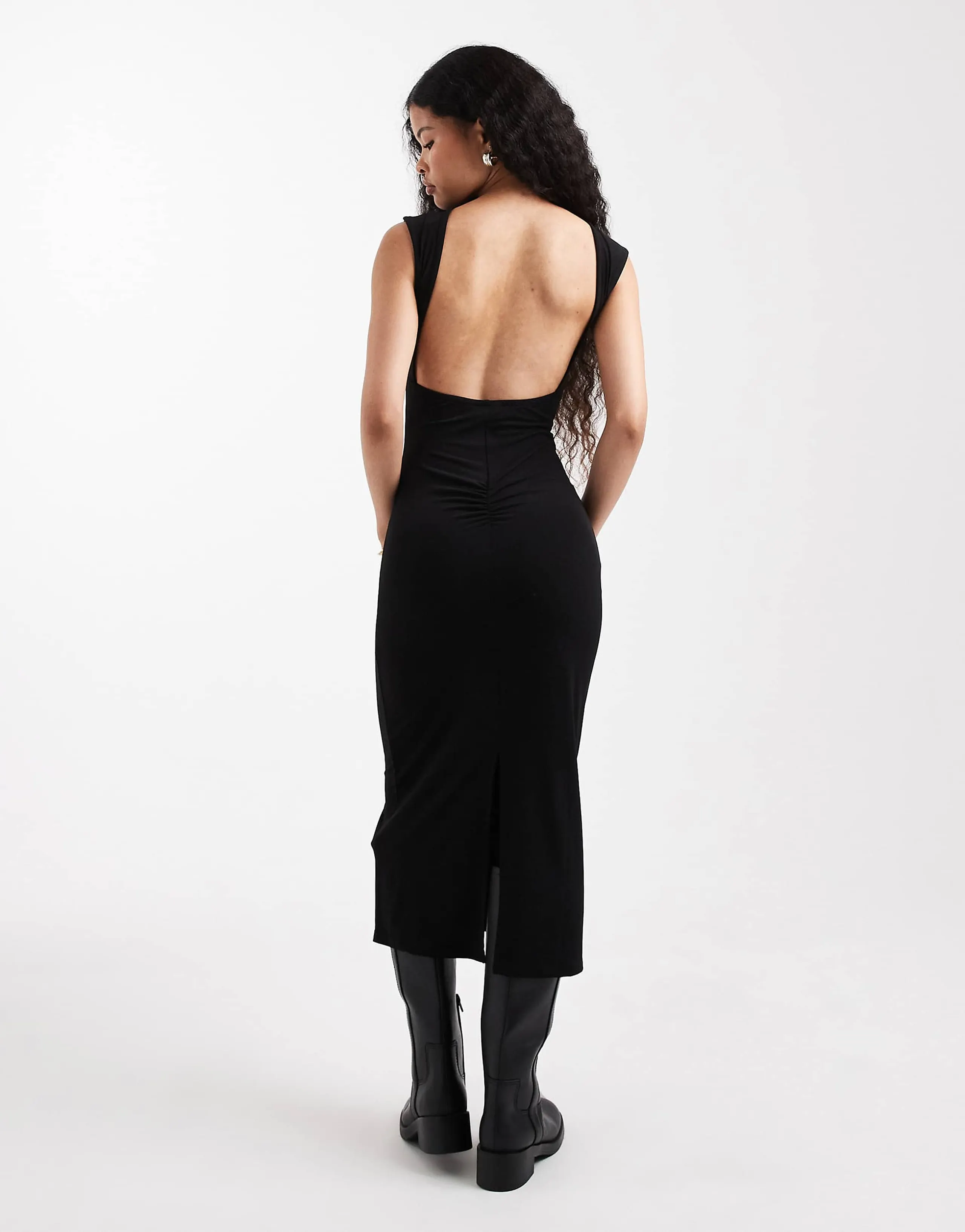 Noisy May Petite ruched detail backless midi dress in black