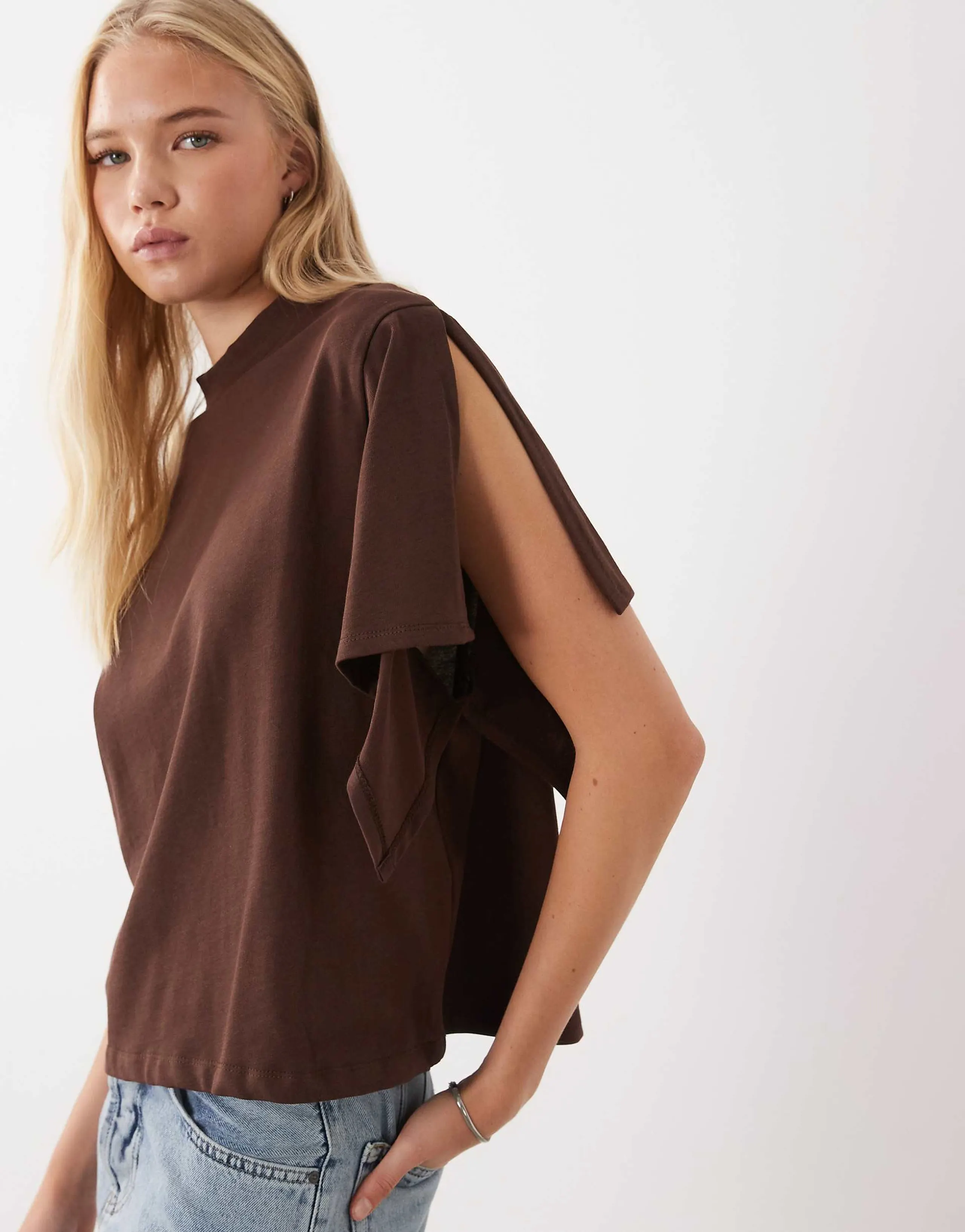ASOS DESIGN drape sleeve T-shirt in chocolate