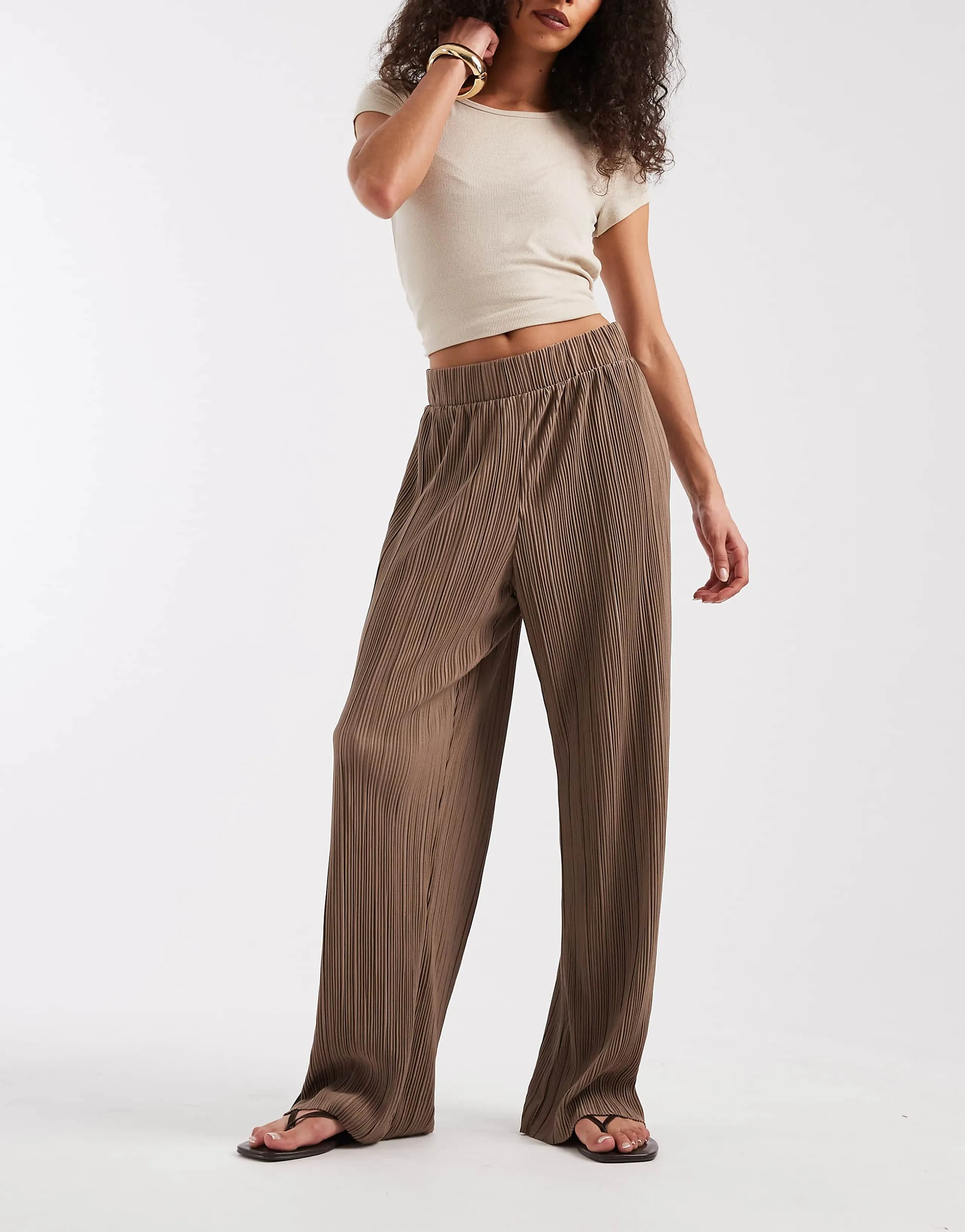 ONLY plisse wide leg pants in light brown - part of a set