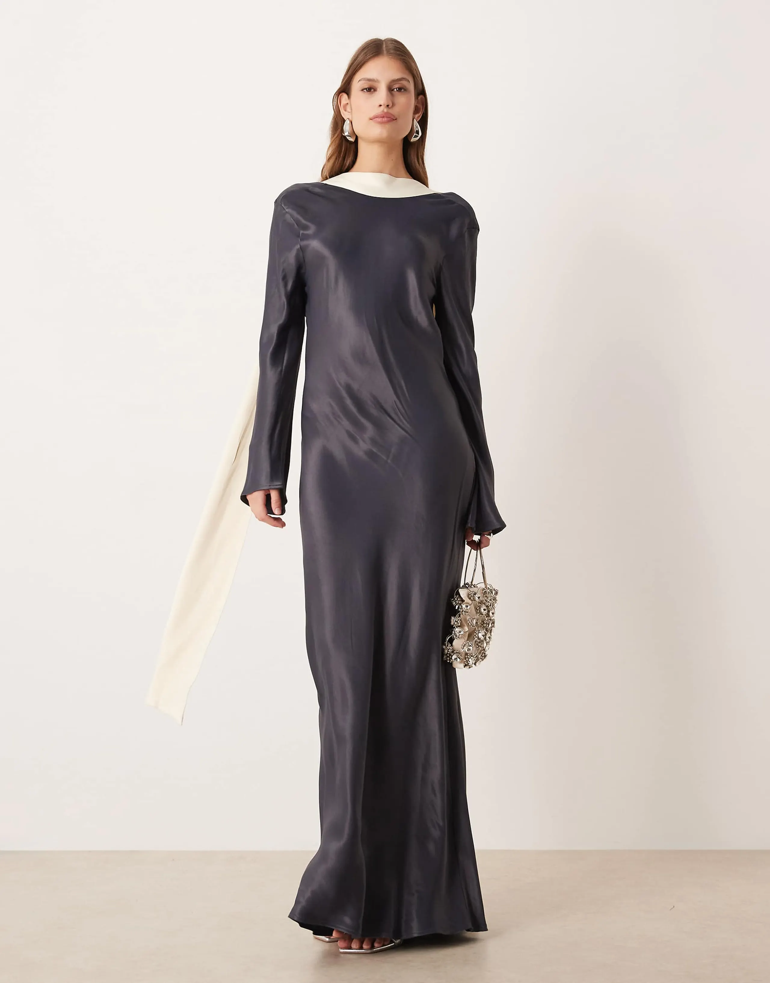 ASOS DESIGN long sleeve satin maxi dress with scarf in tbc