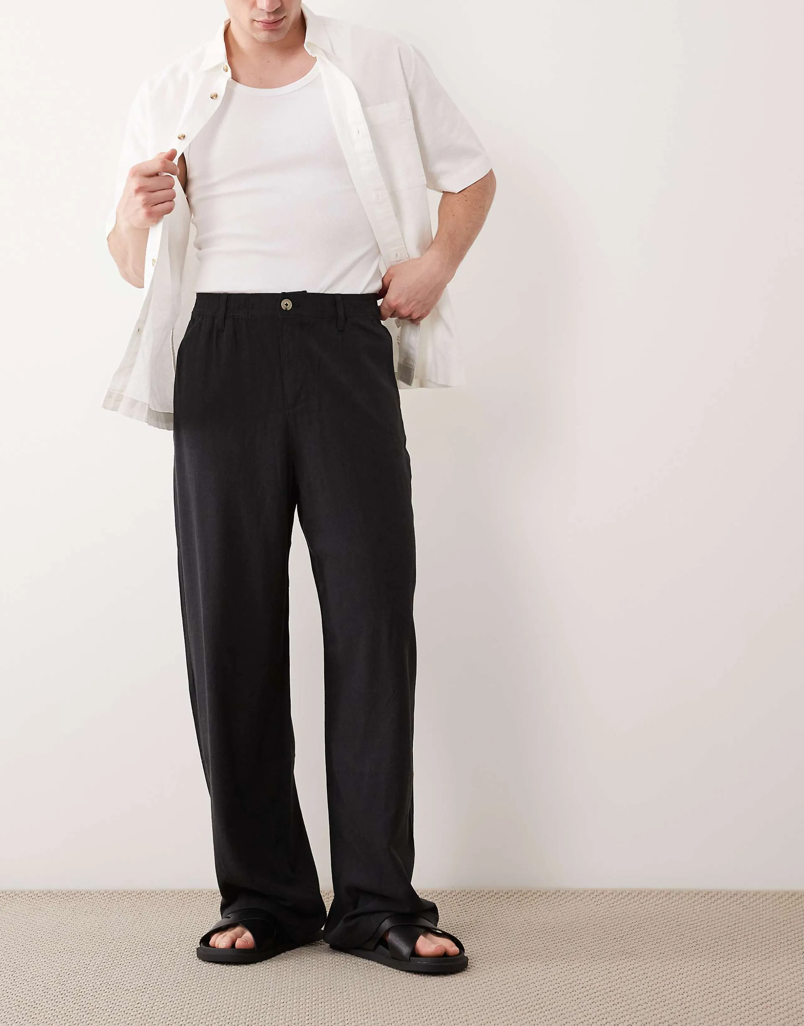 ASOS DESIGN baggy linen blend pants in black
