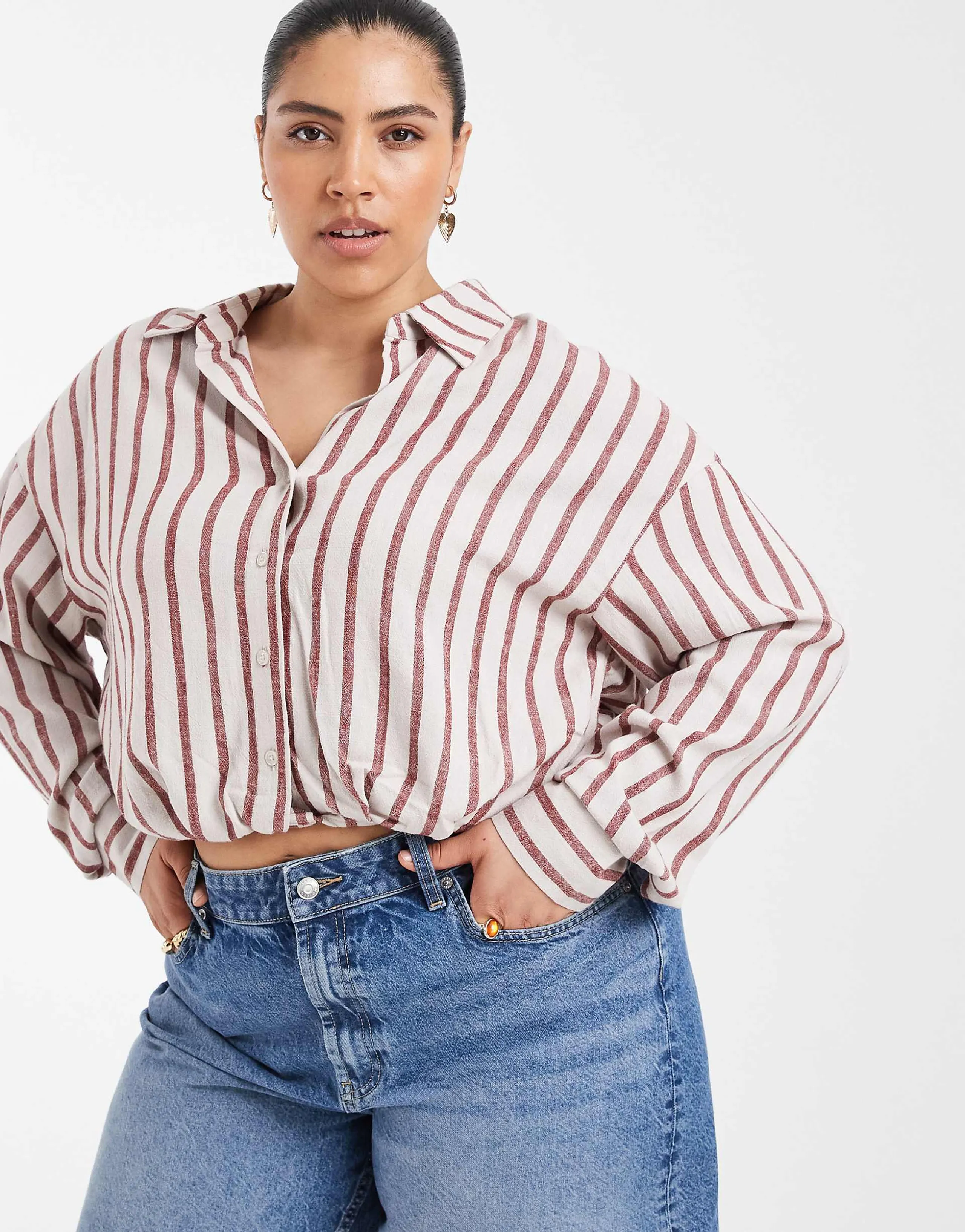 ONLY Curve linen blend cropped shirt in red stripe