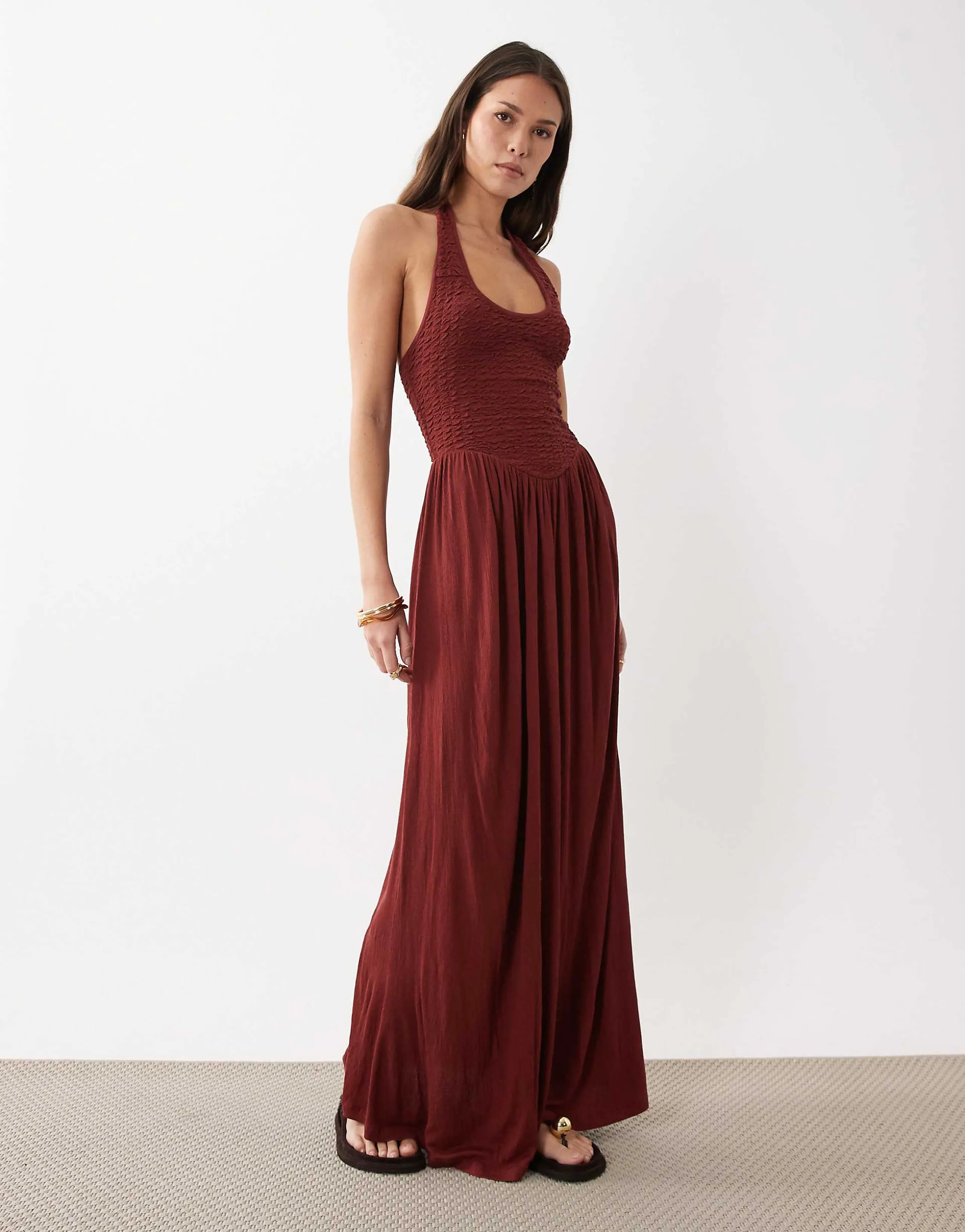 ASOS DESIGN crinkle halter neck midaxi dress in rust brown