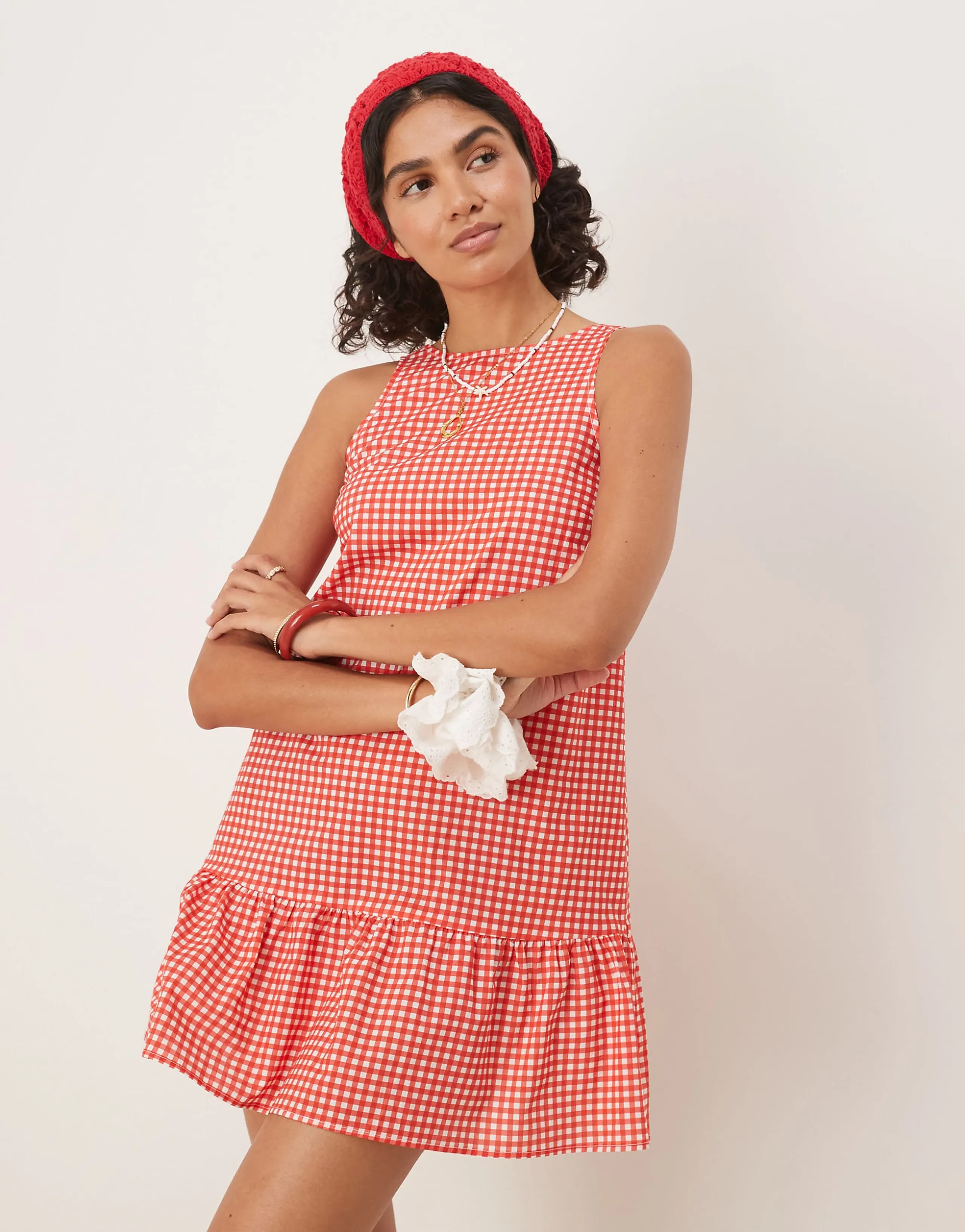 ASOS DESIGN dropped waist mini shift dress with scoop back in red gingham