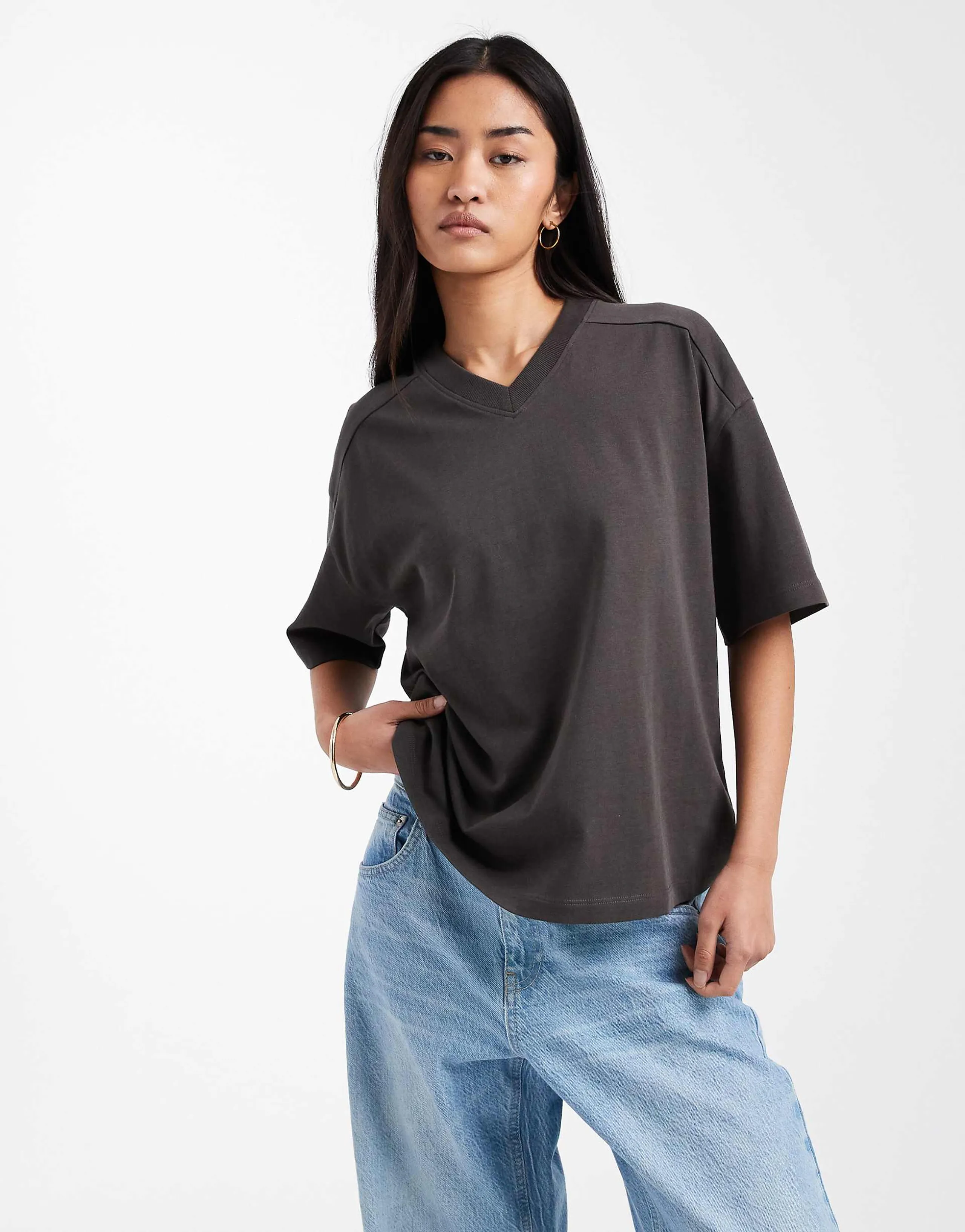 ASOS DESIGN regular fit v neck detail tee in charcoal