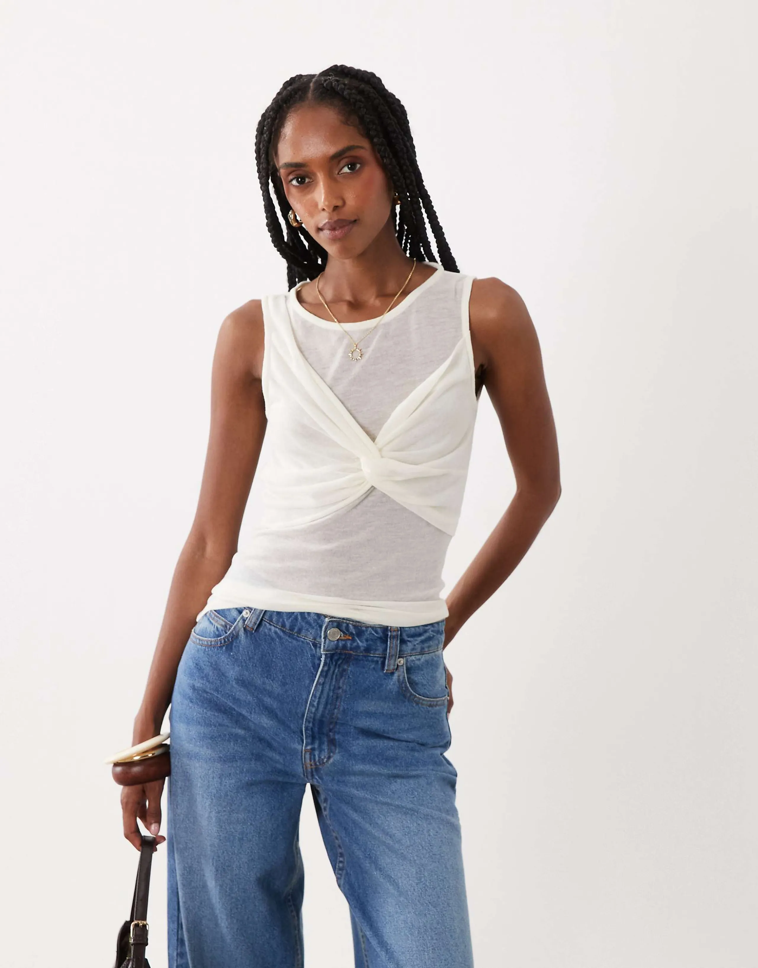 ASOS DESIGN semi sheer knit look tank with ruched bust overlay in ivory