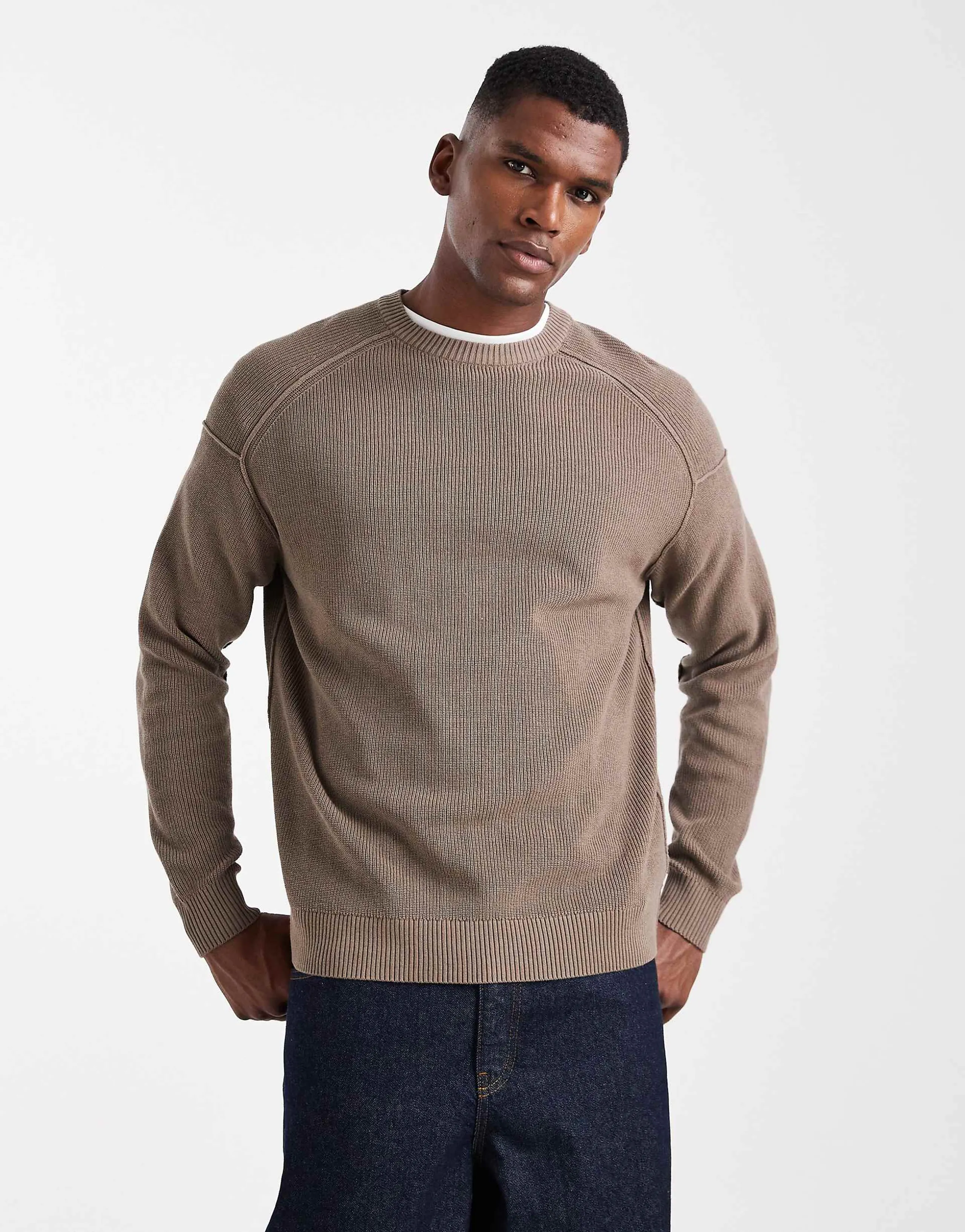 ONLY & SONS dropped shoulders crew neck knit sweater in brown