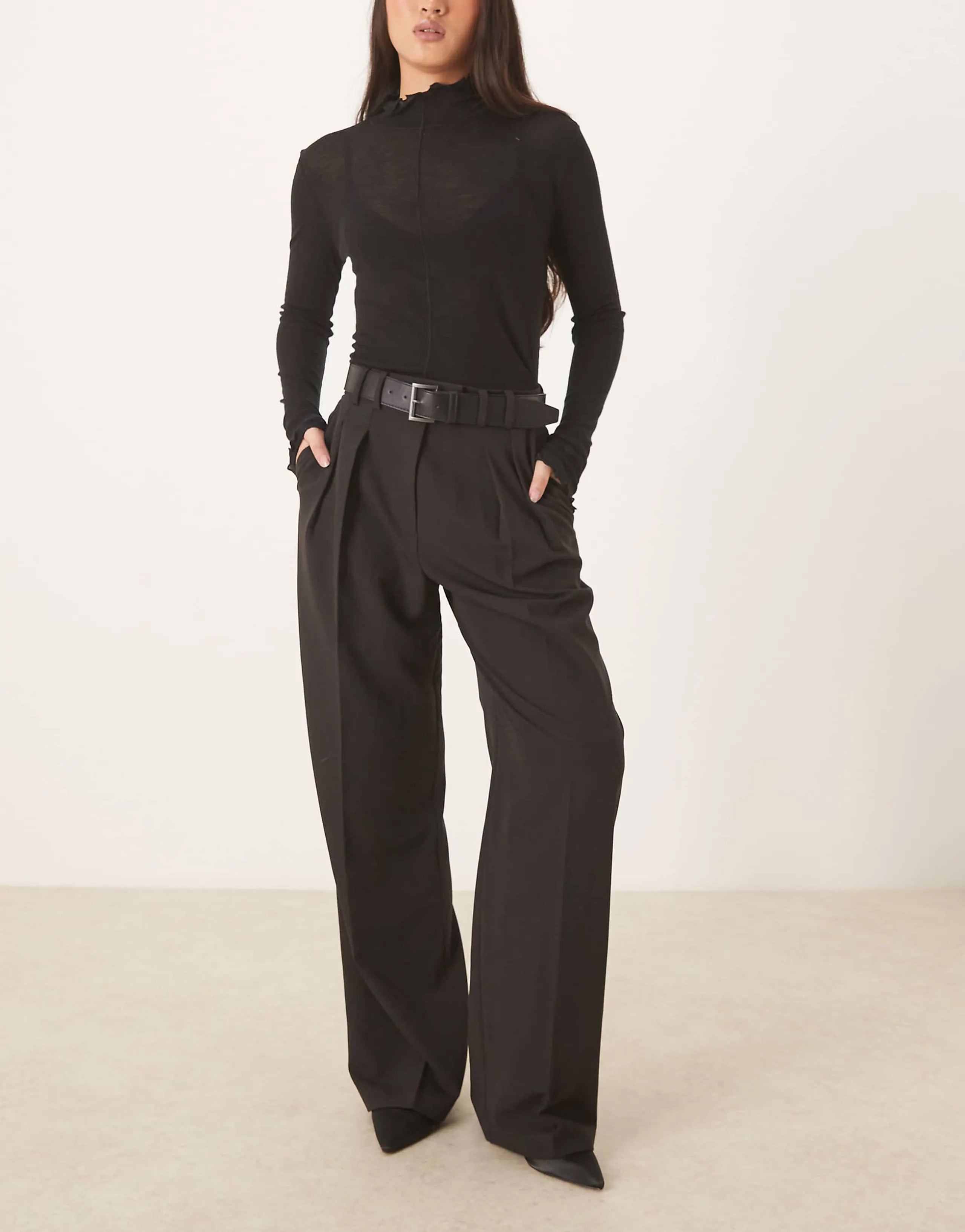 ASOS DESIGN tailored belted wide leg pants with pleat detail in black