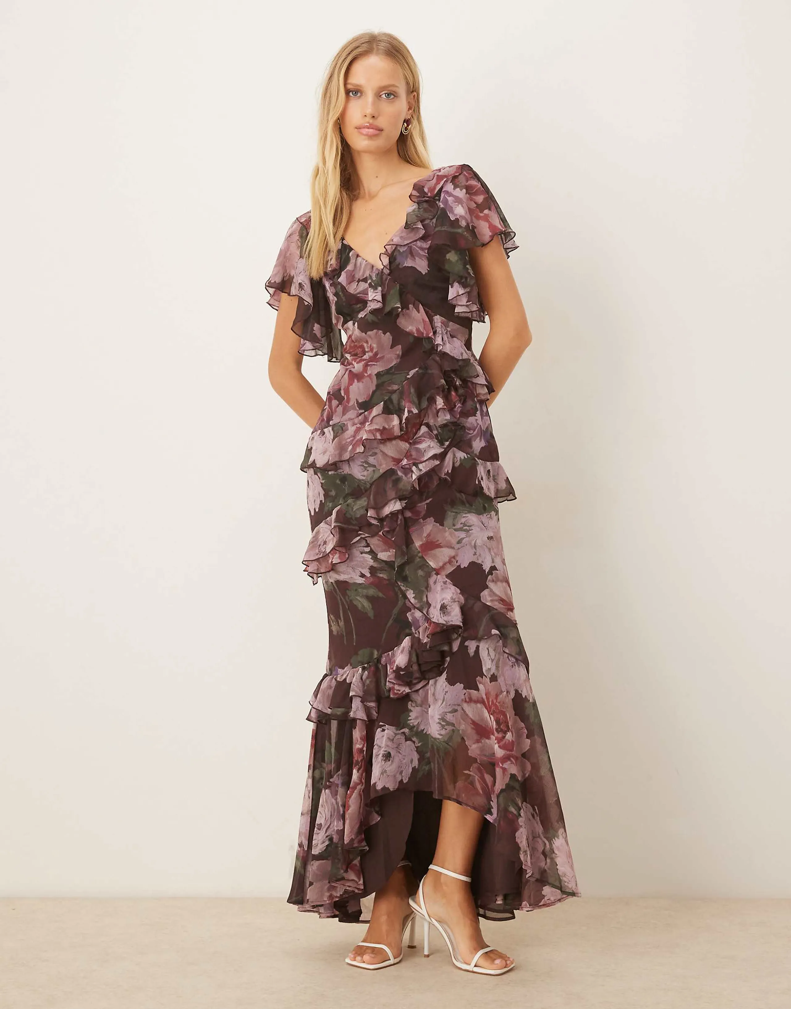 ASOS DESIGN raw edge asymmetric ruffle maxi dress with high low hem in dark floral print