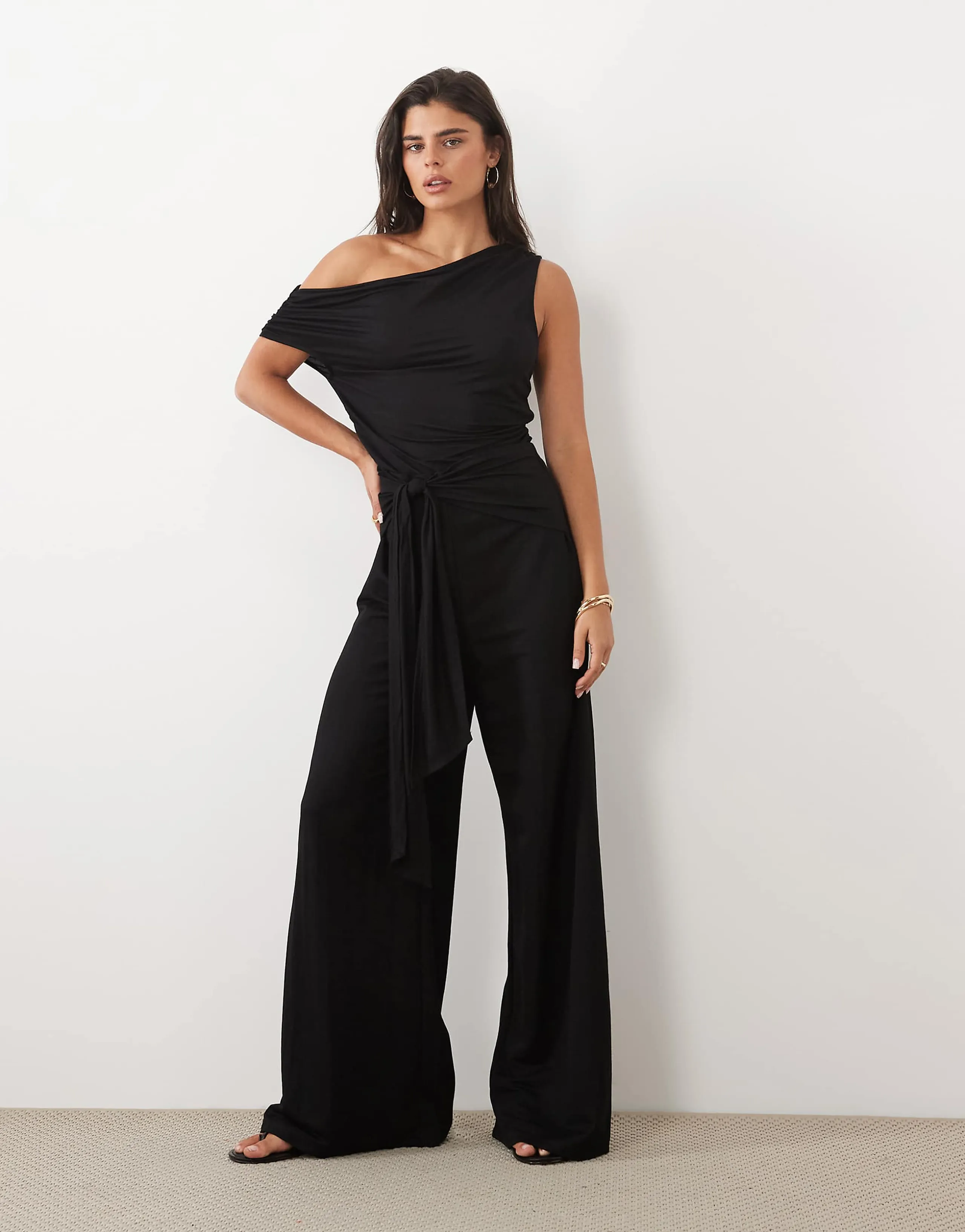 ASOS DESIGN tie waist detail wide leg jersey pants in black