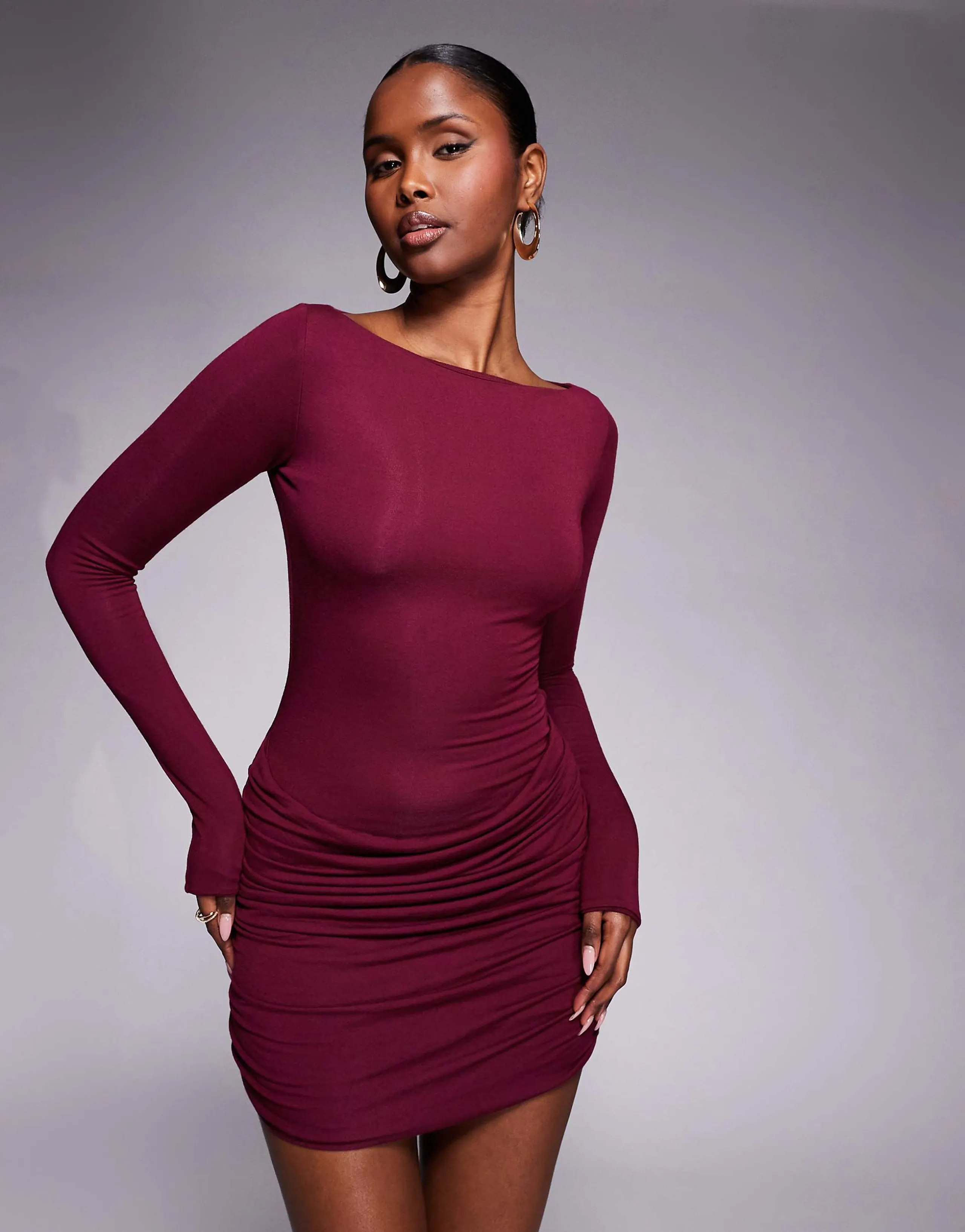 Oh Polly slinky boat neck long sleeve ruched skirt mini dress in wine