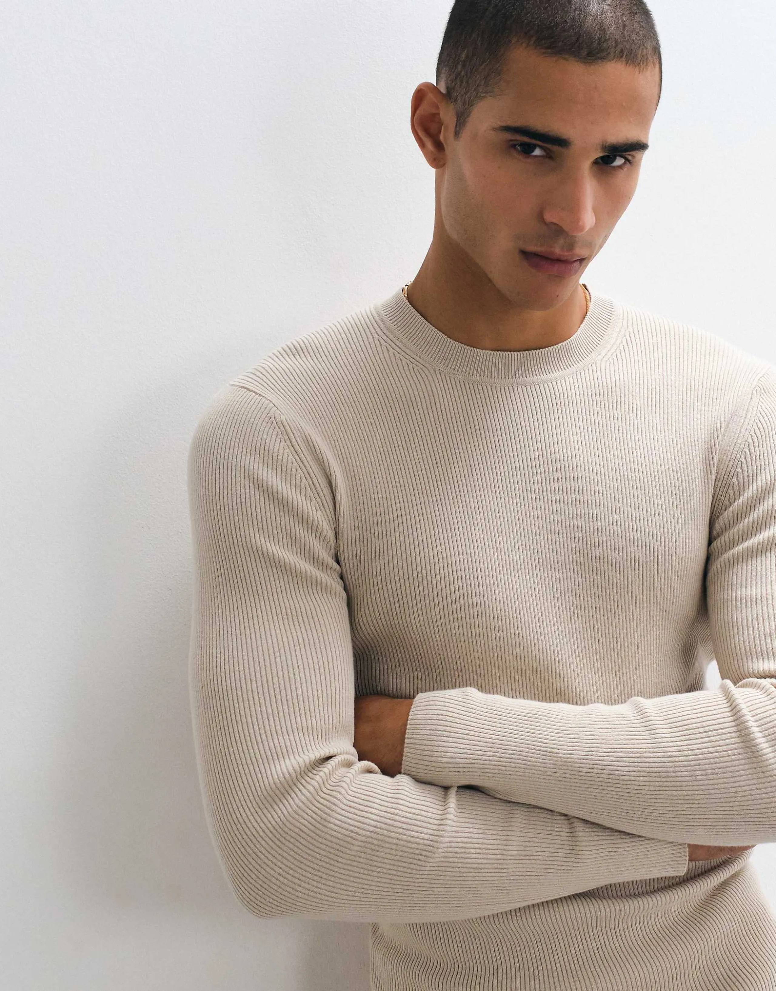 ASOS DESIGN Essentials micro rib muscle fit lightweight knit sweater in stone