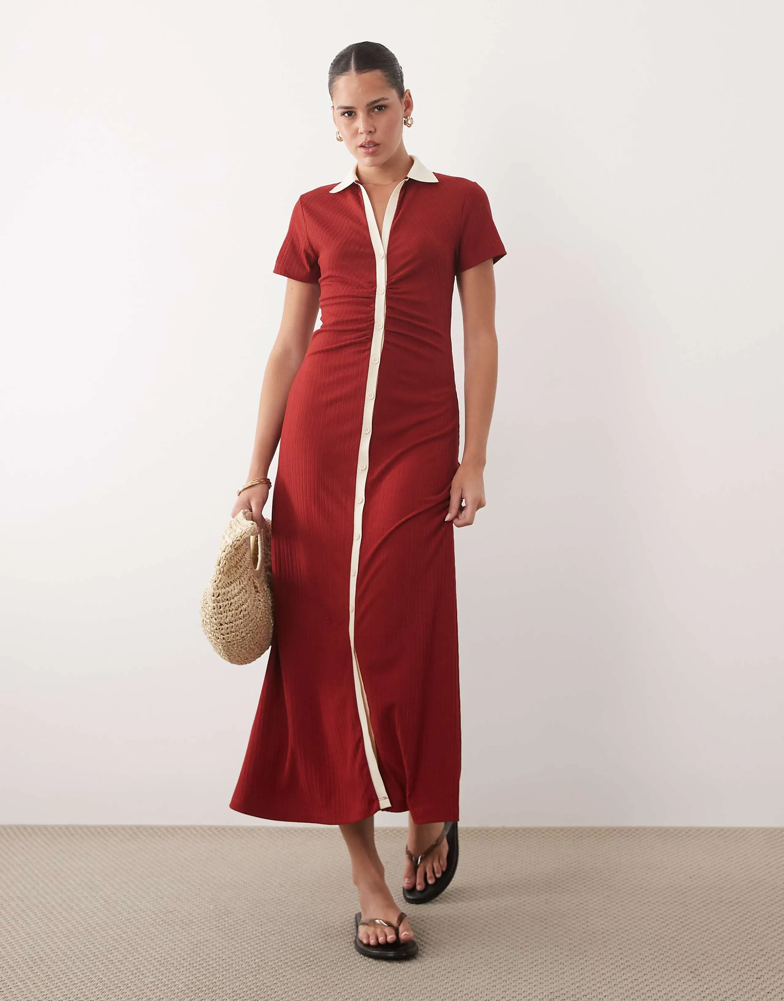 ASOS DESIGN button front cap sleeve midi dress with contrast tipping in burnt red