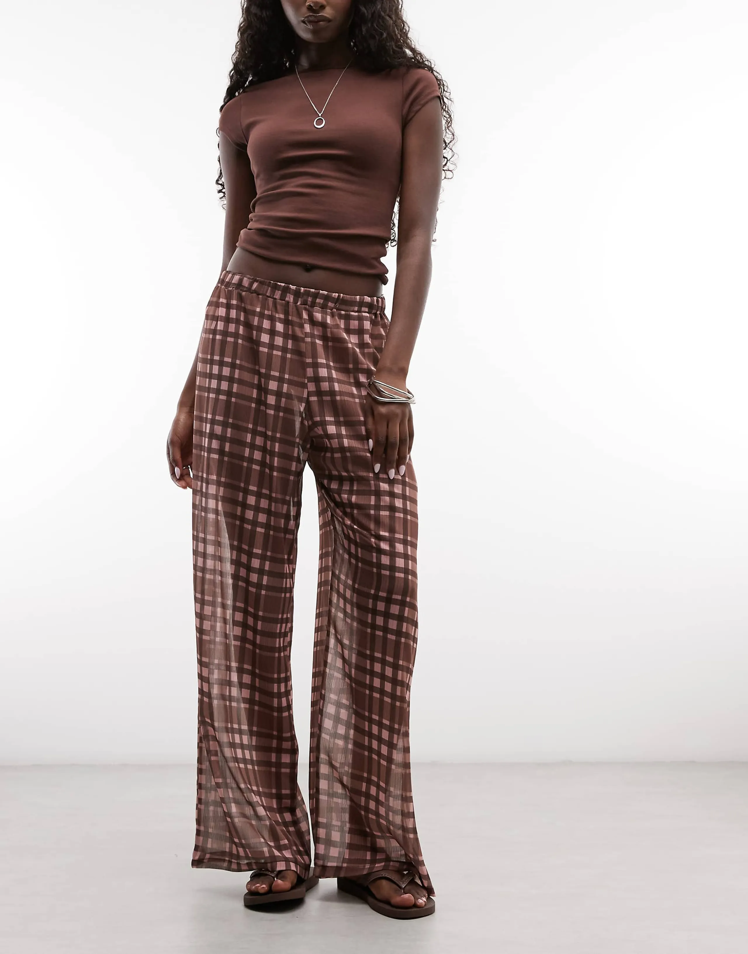 Reclaimed Vintage sheer wide leg pants in red plaid