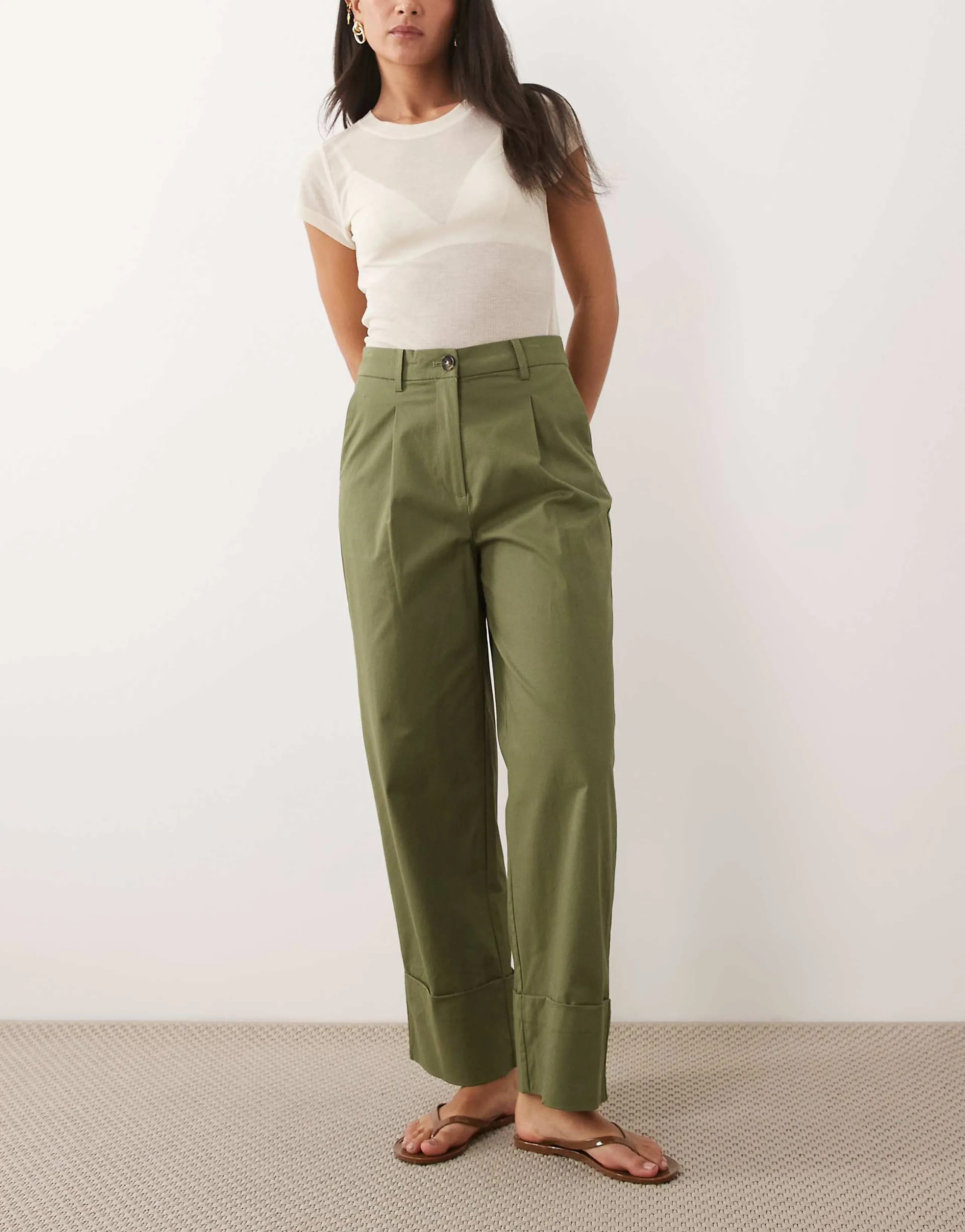 VILA high waist turn-up hem canvas pants in olive green