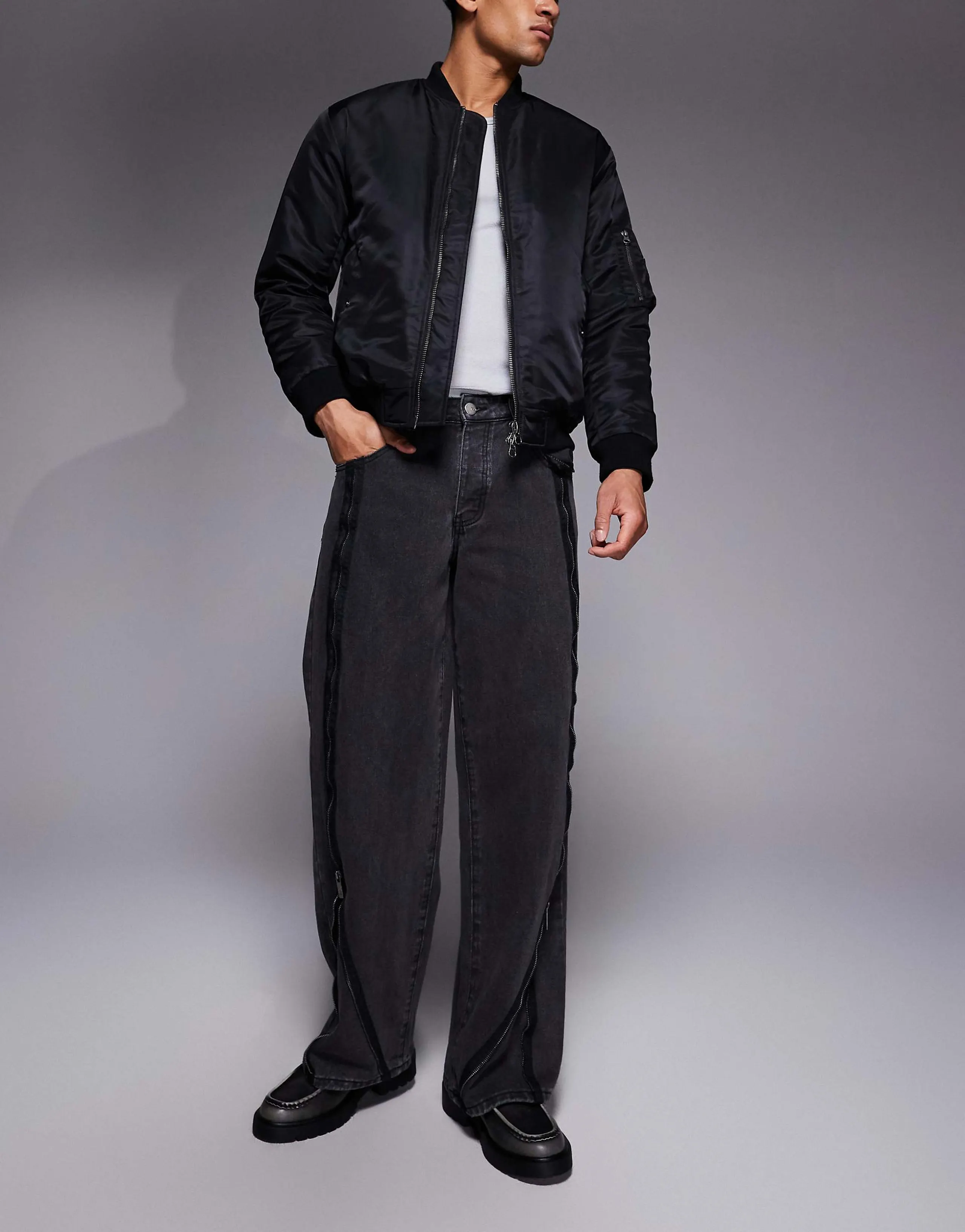 Liquor N Poker onyx zip detail baggy jeans in black
