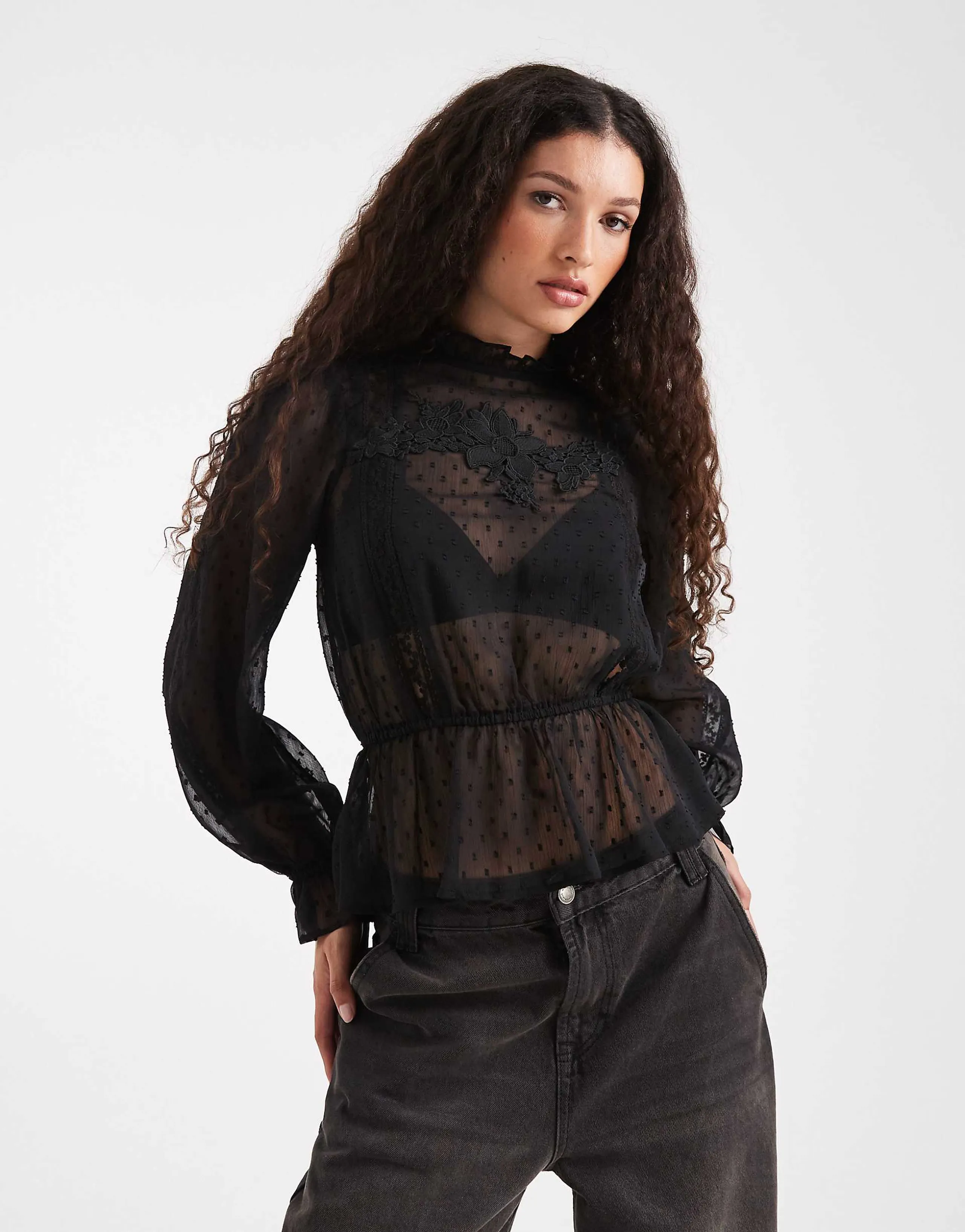 Miss Selfridge chiffon embroidered victoriana blouse in black