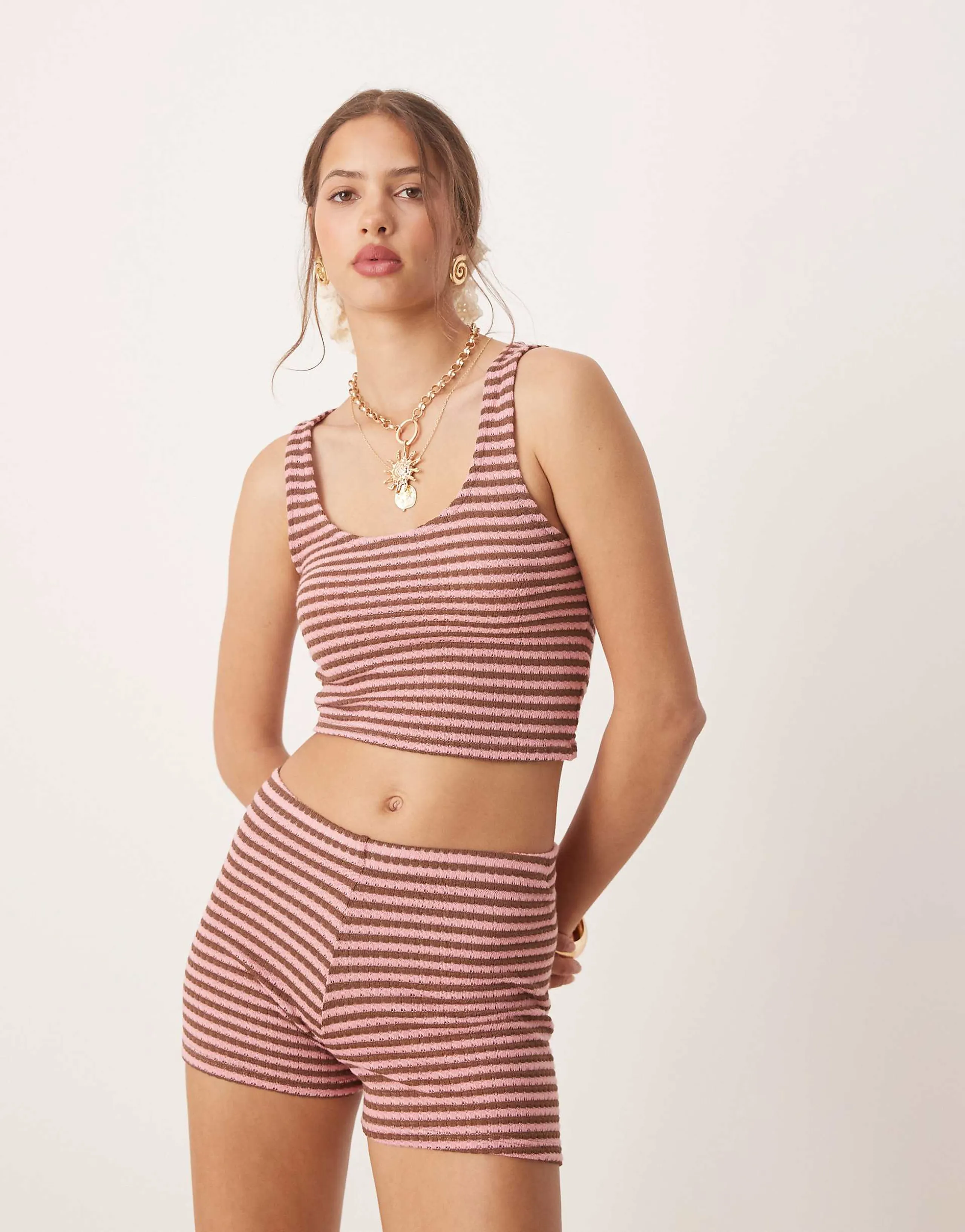 ASOS DESIGN knit cropped cami top in pink and brown stripe - part of a set