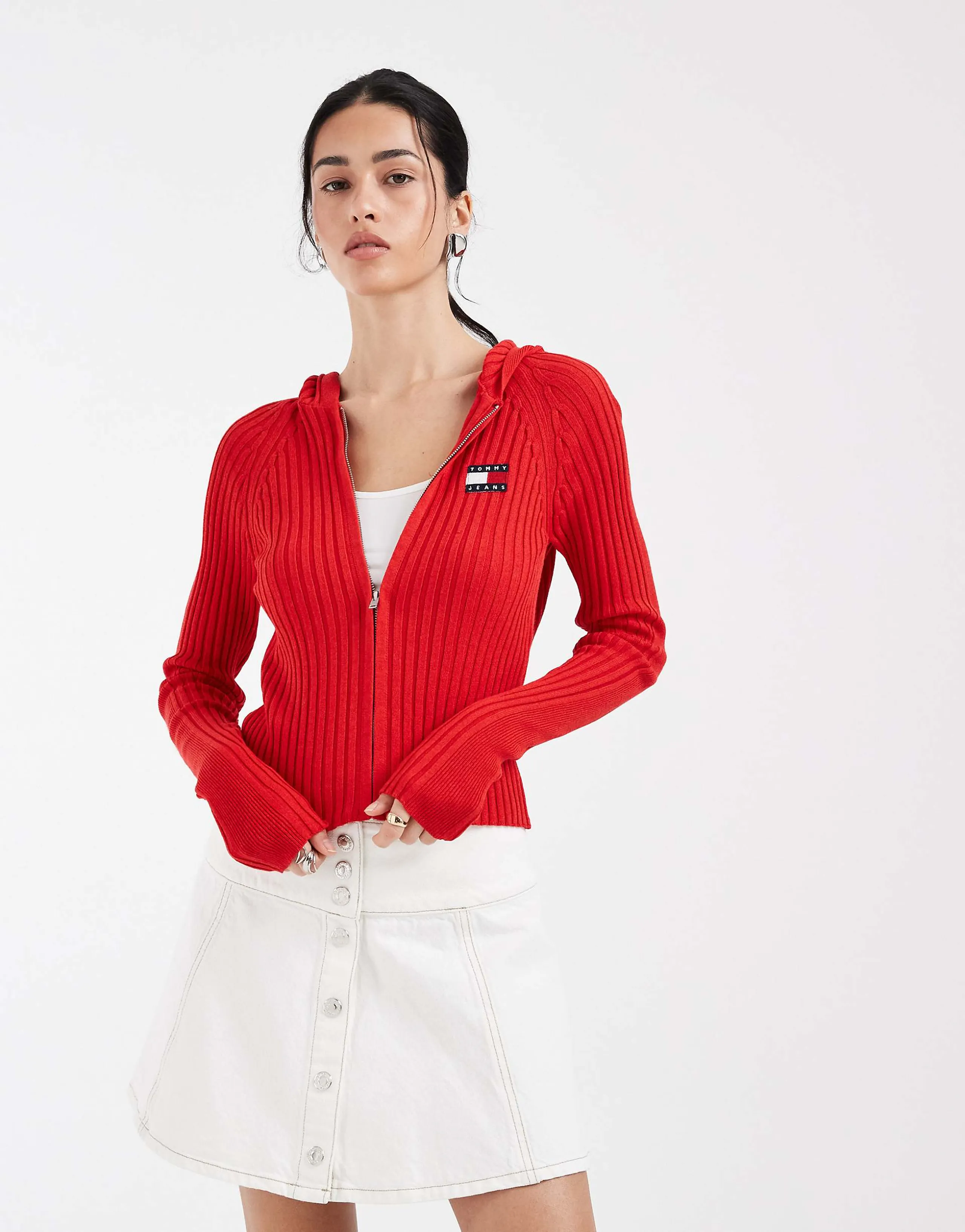Tommy Jeans hooded ribbed cardigan in red