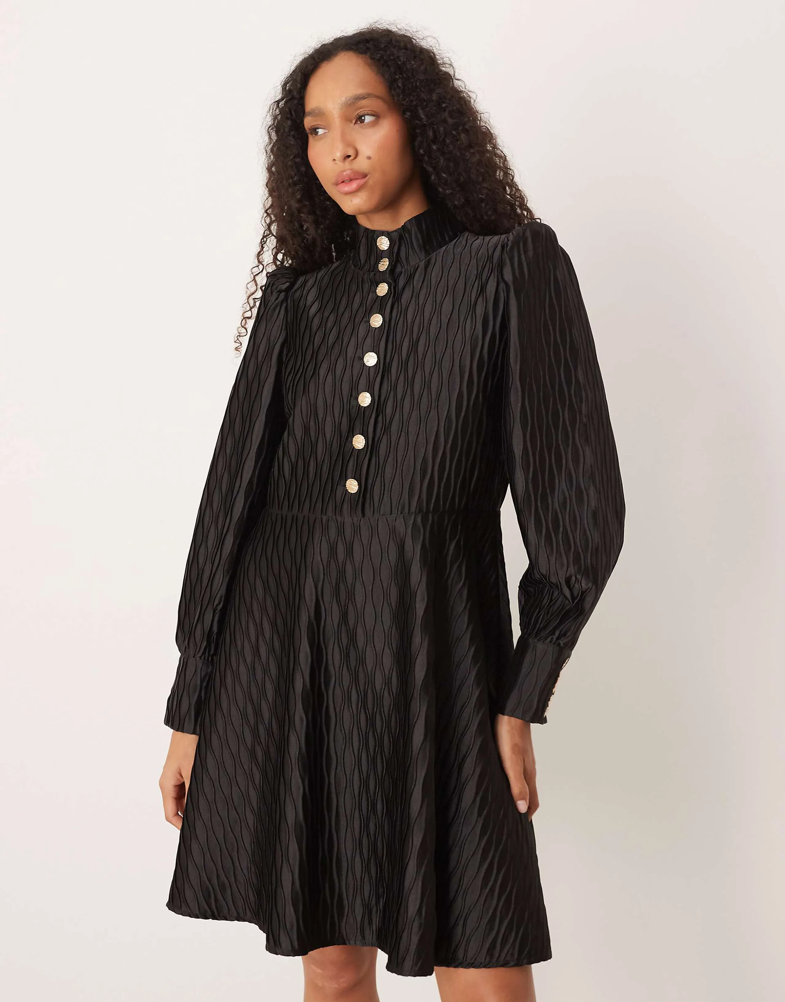 YAS high neck satin mini dress with button front in black