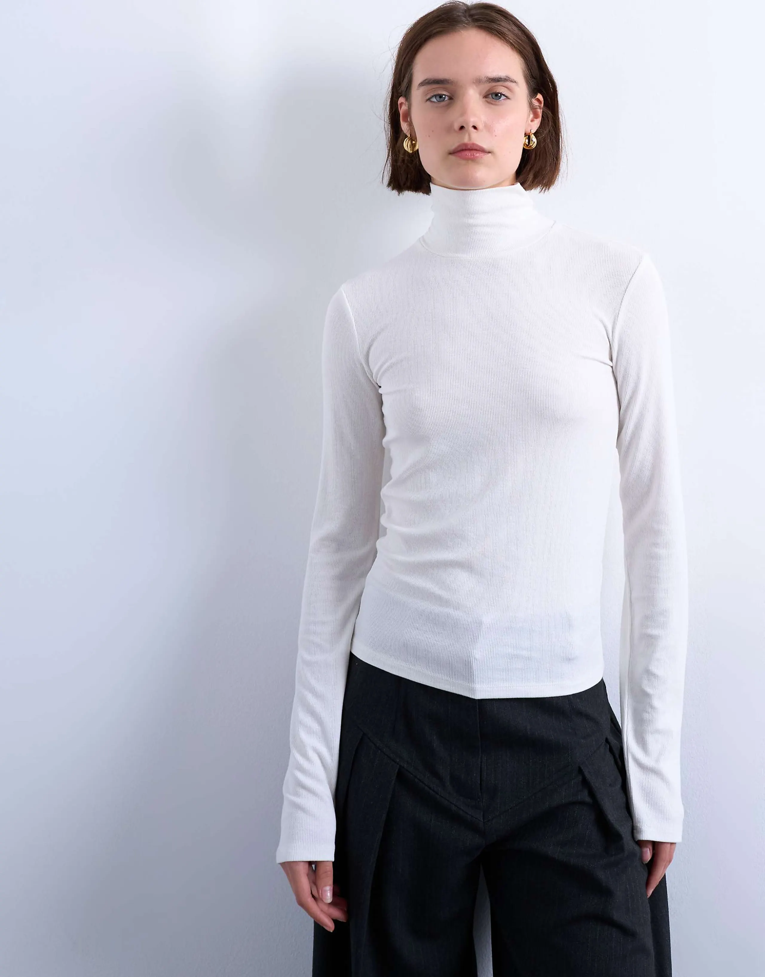 Topshop premium ribbed funnel neck top in ecru