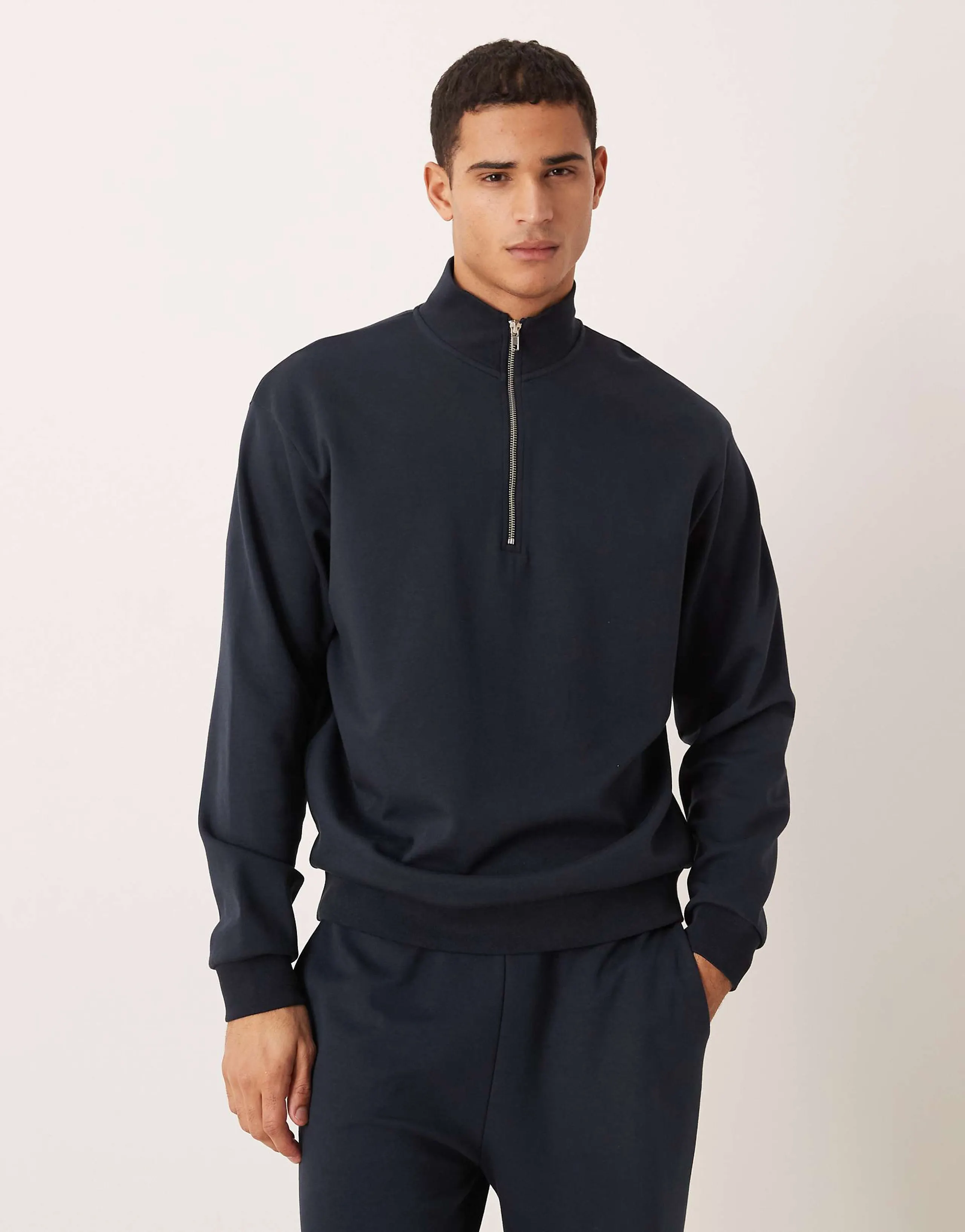 ASOS DESIGN soft touch relaxed quarter zip sweatshirt in navy - part of a set