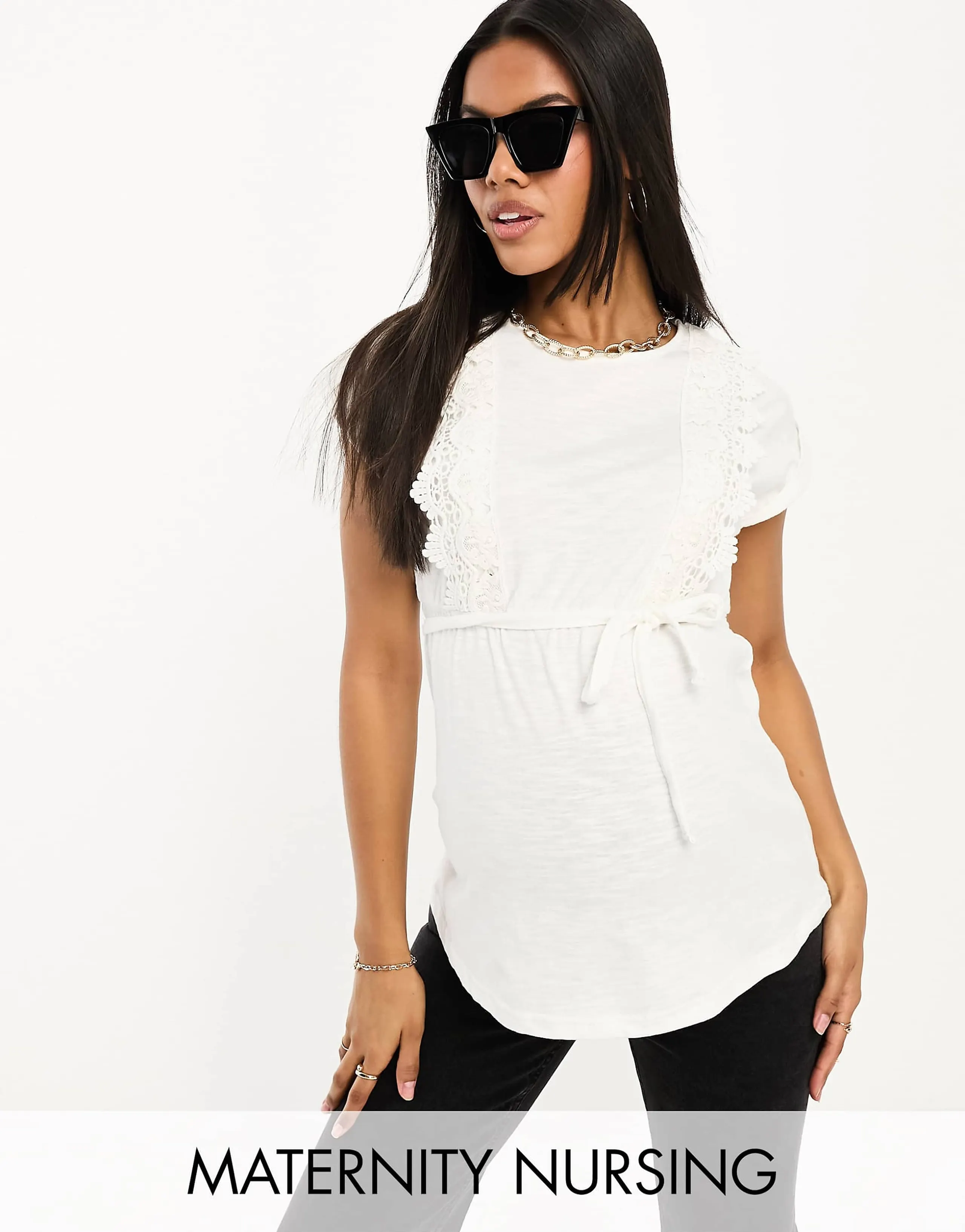 Mamalicious Maternity lace trim nursing t-shirt in white 