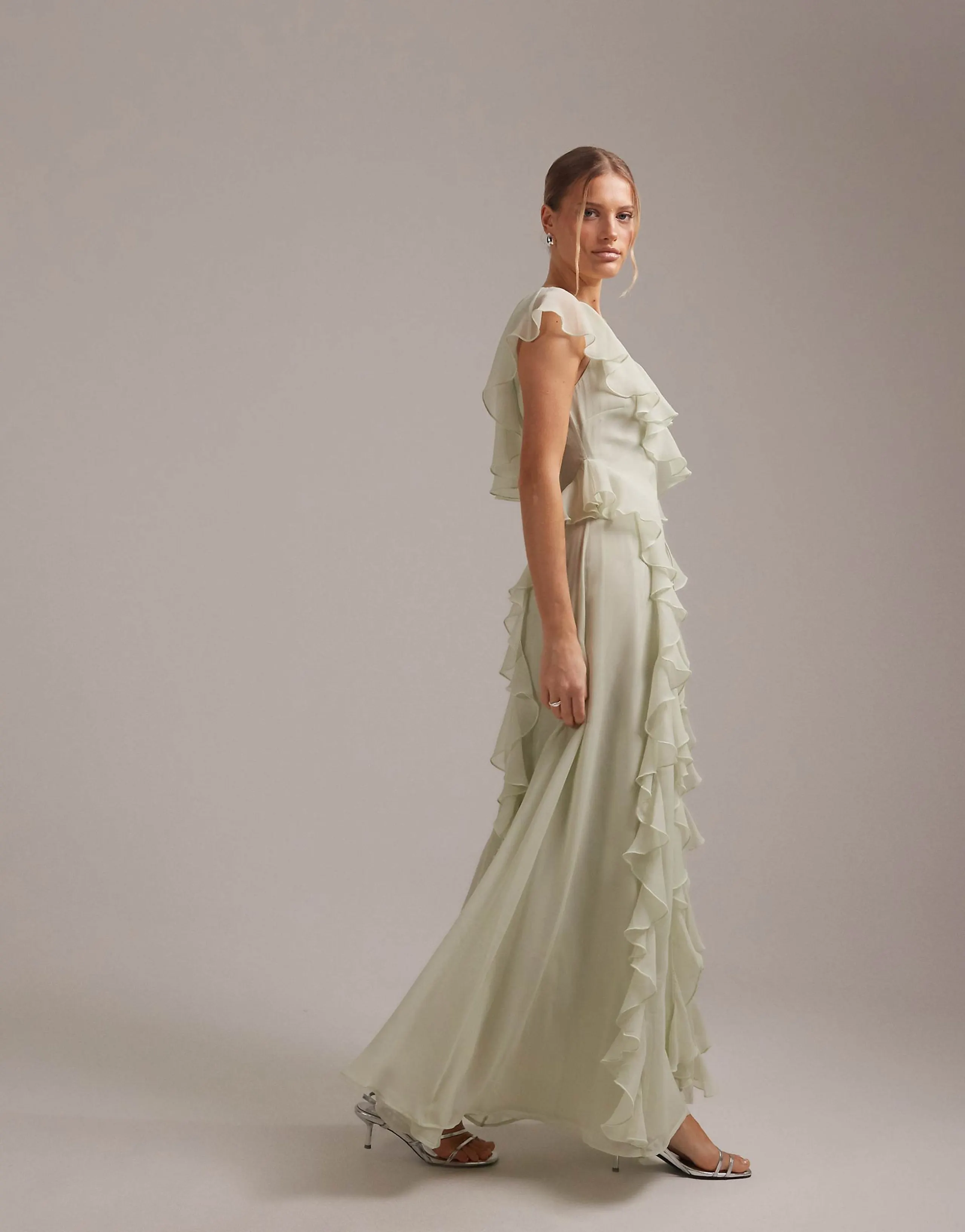 ASOS DESIGN bridesmaids wrap front ruffle maxi dress in sage green