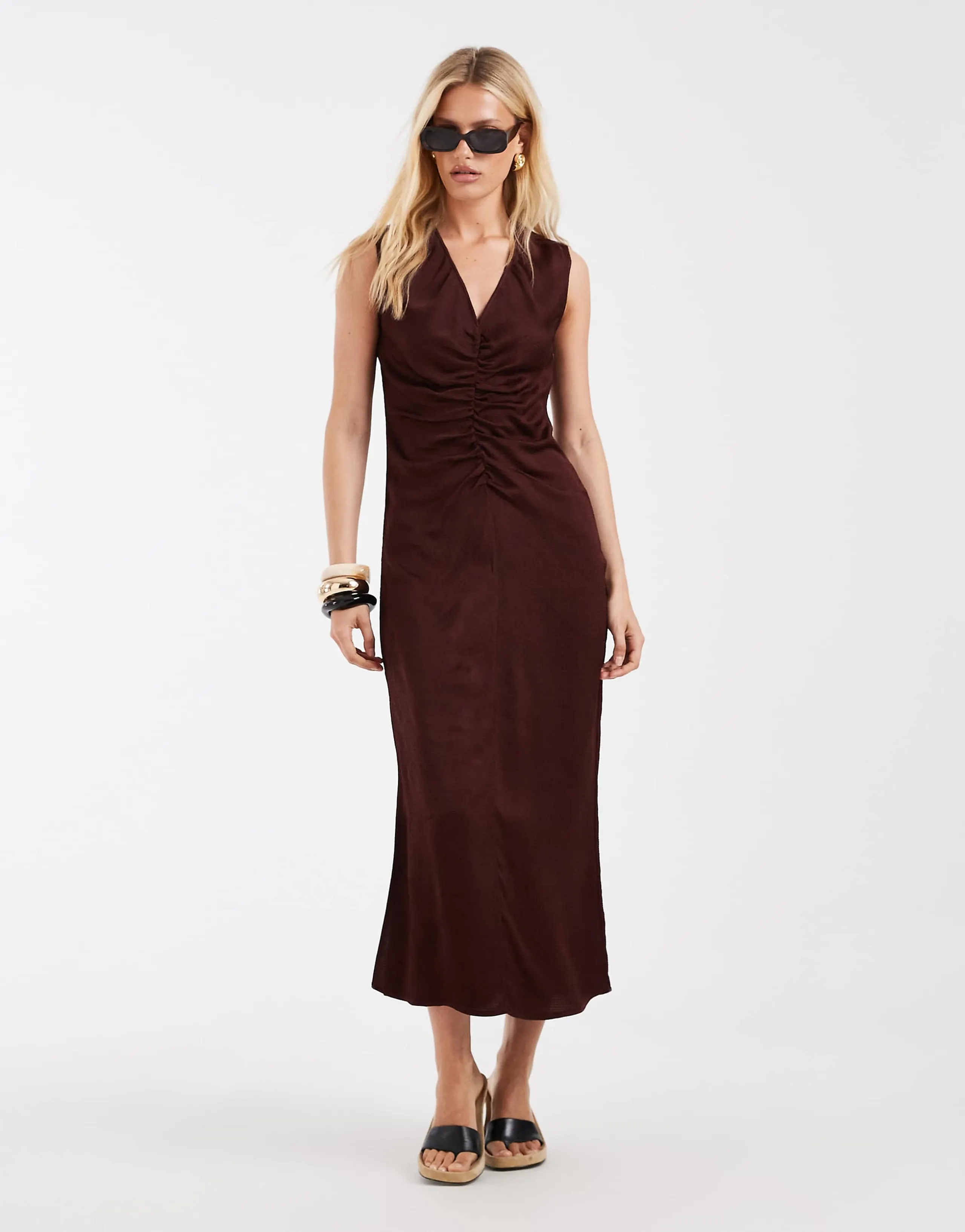 & Other Stories ruche front maxi dress with v-neck in chocolate brown