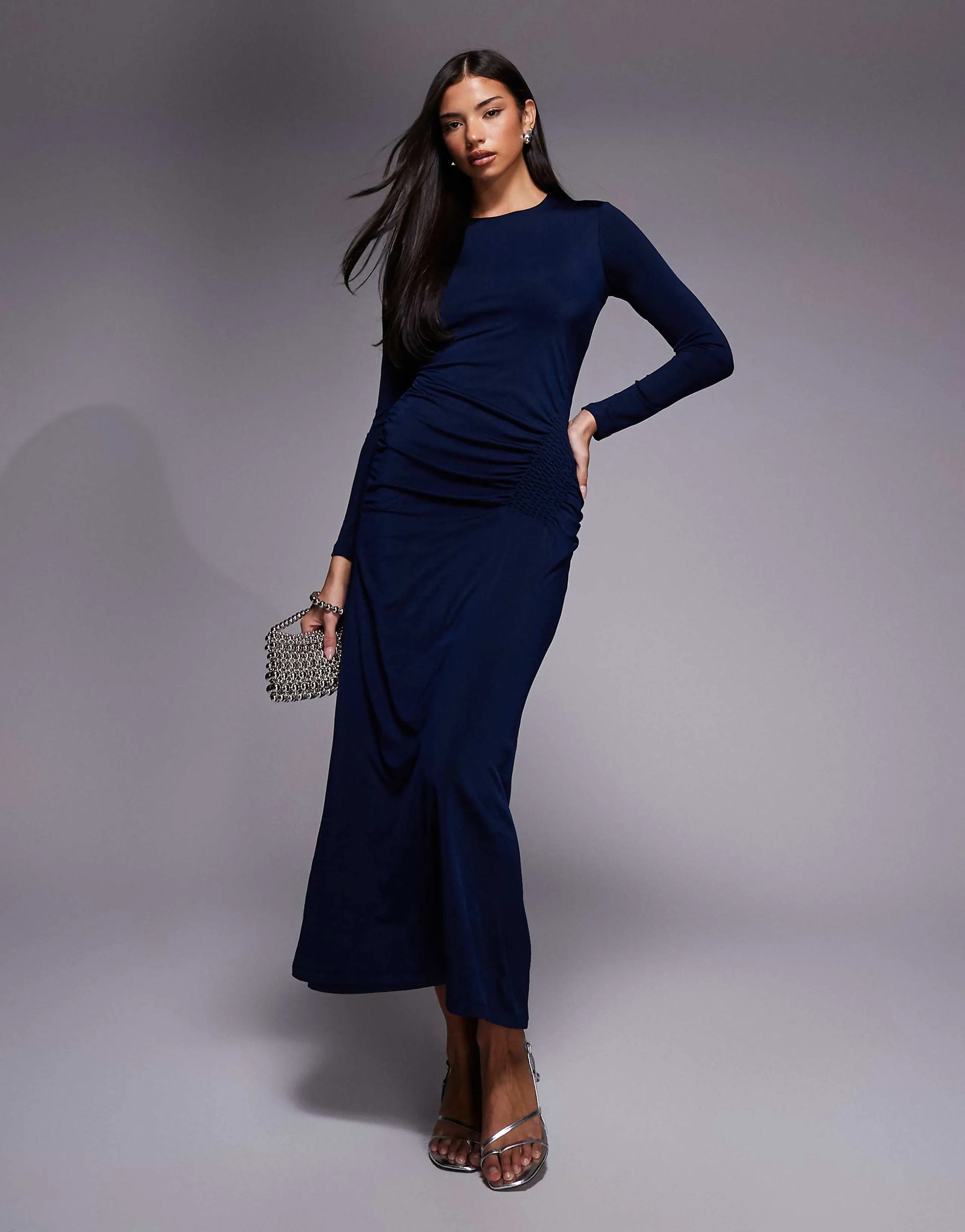 Rare London satin smocked detailing maxi dress in navy