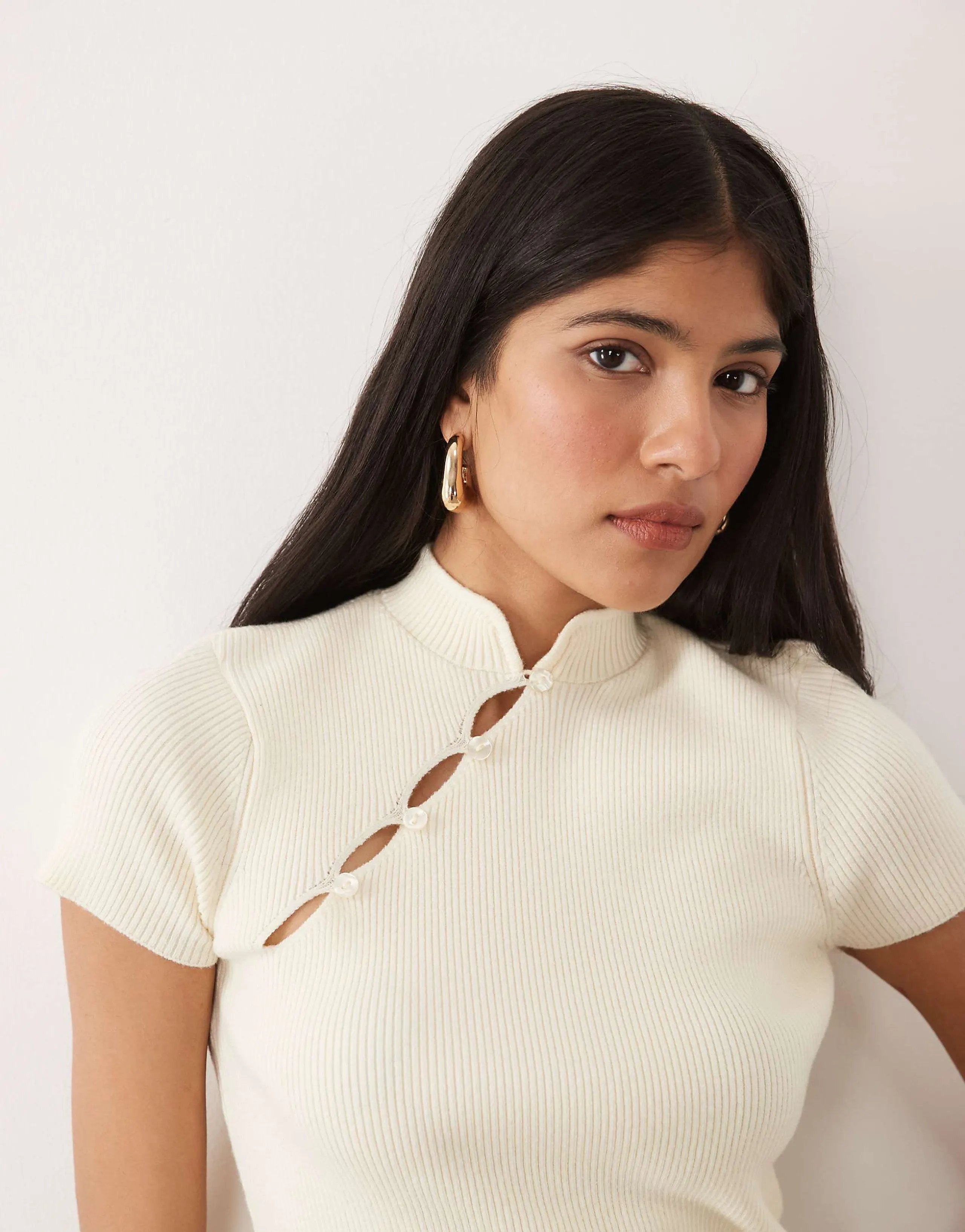 Miss Selfridge knitted mandarin collar in buttermilk