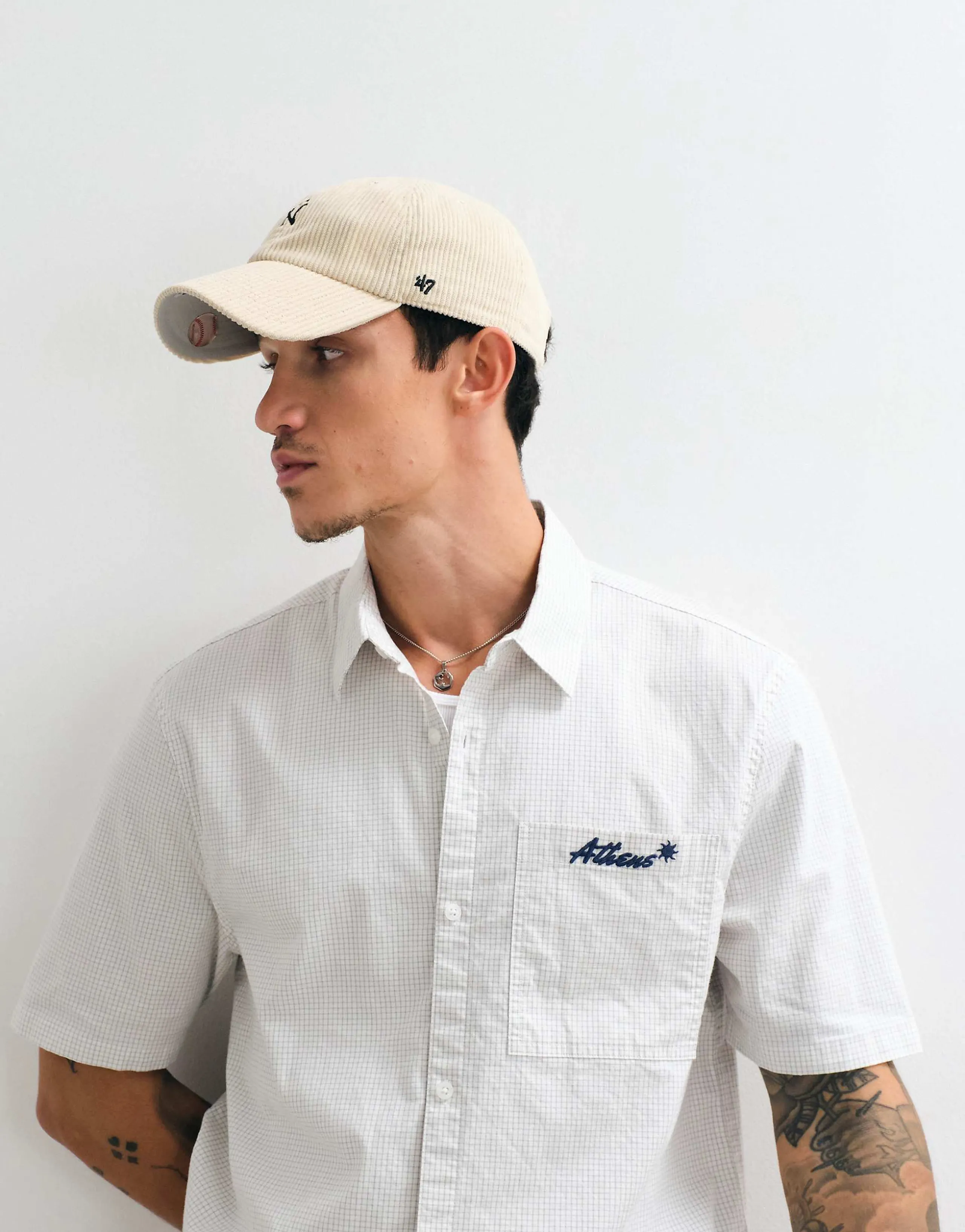 Hollister graphic short sleeve shirt in white micro plaid