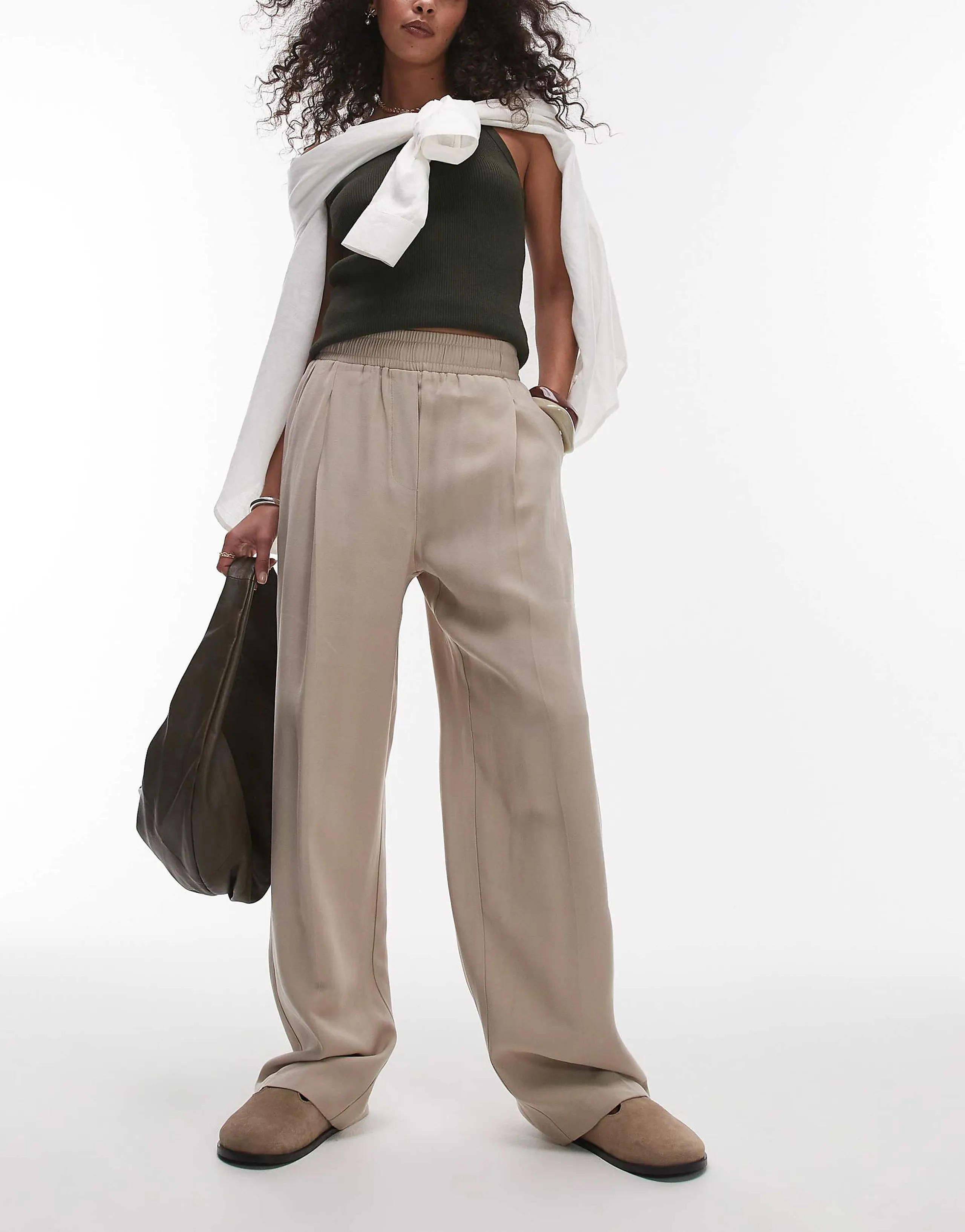 Topshop elastic waistband tailored sweatpants in stone