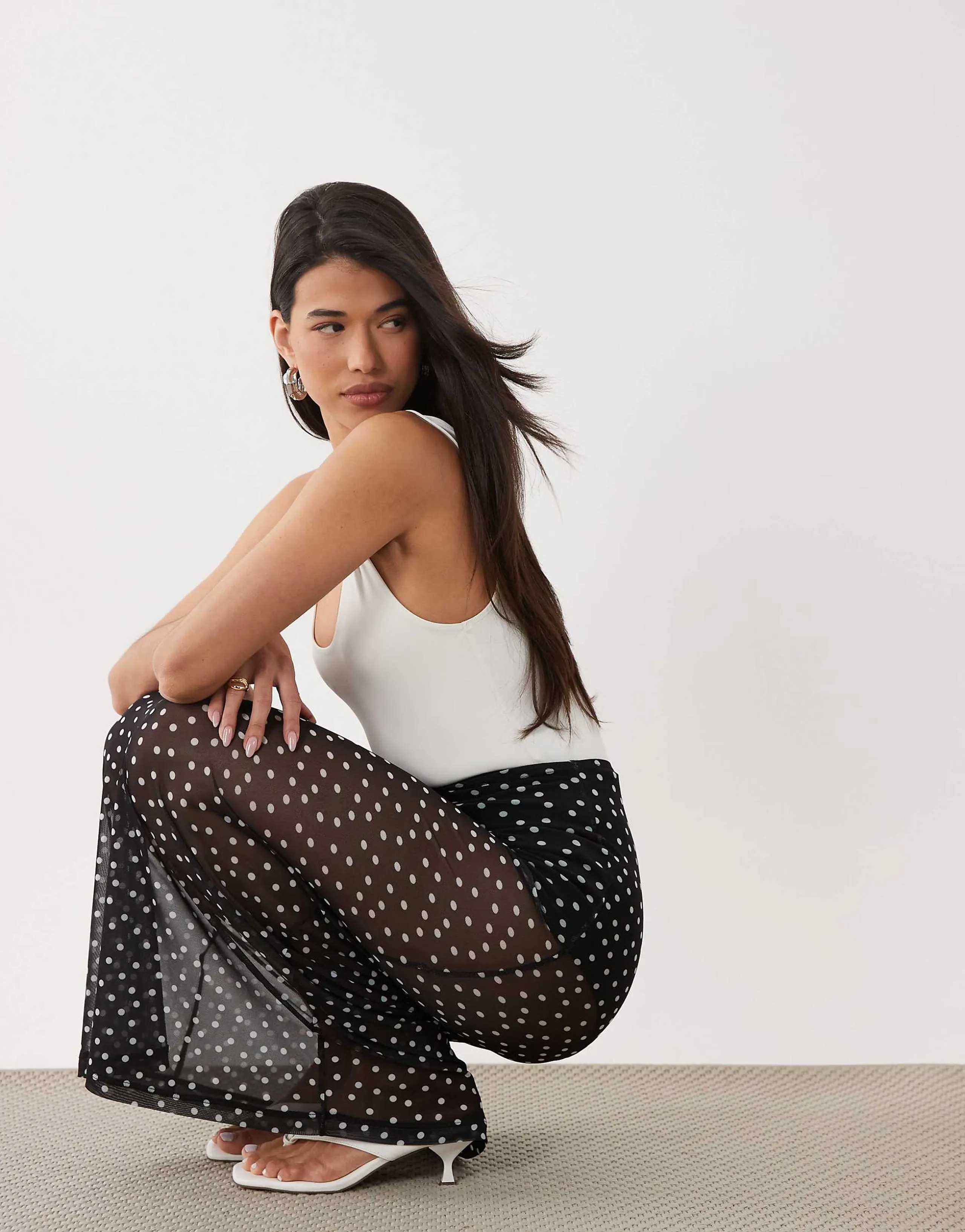 ASOS DESIGN sheer mesh maxi skirt in black polka dot print