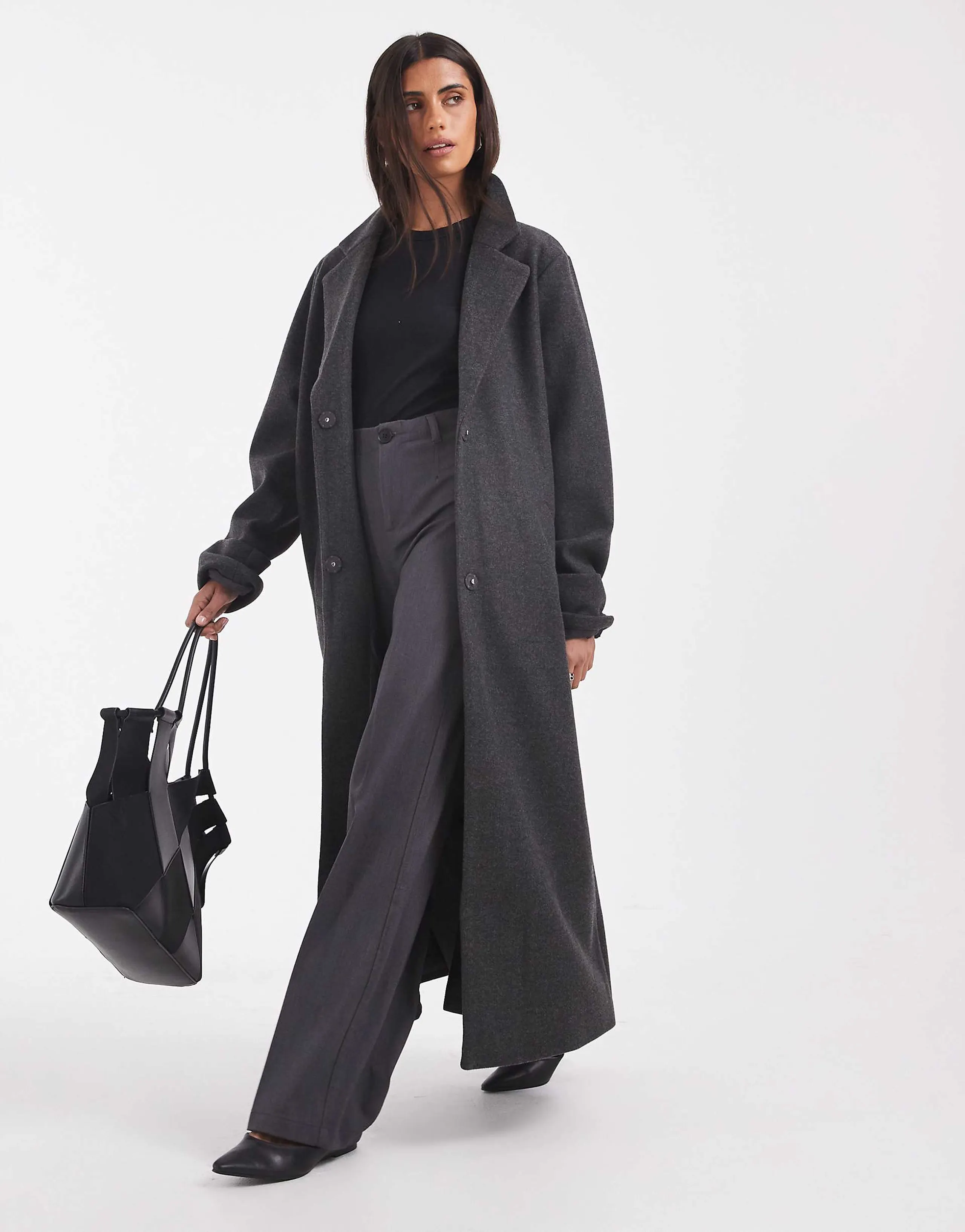 Noisy May wool look maxi overcoat in dark gray melange